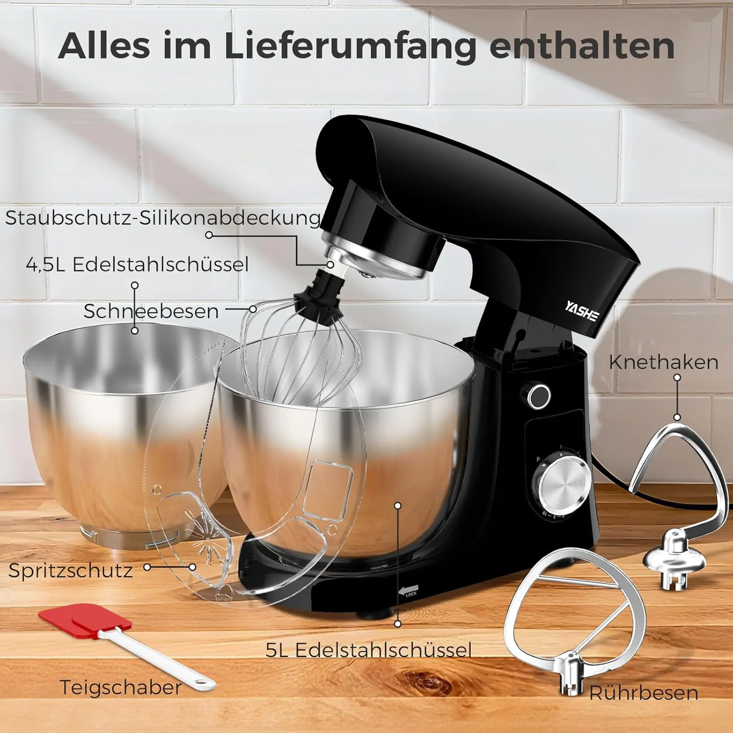 YASHE Robot Pâtissier 1500W 4,5L+5L Double Bol Inox