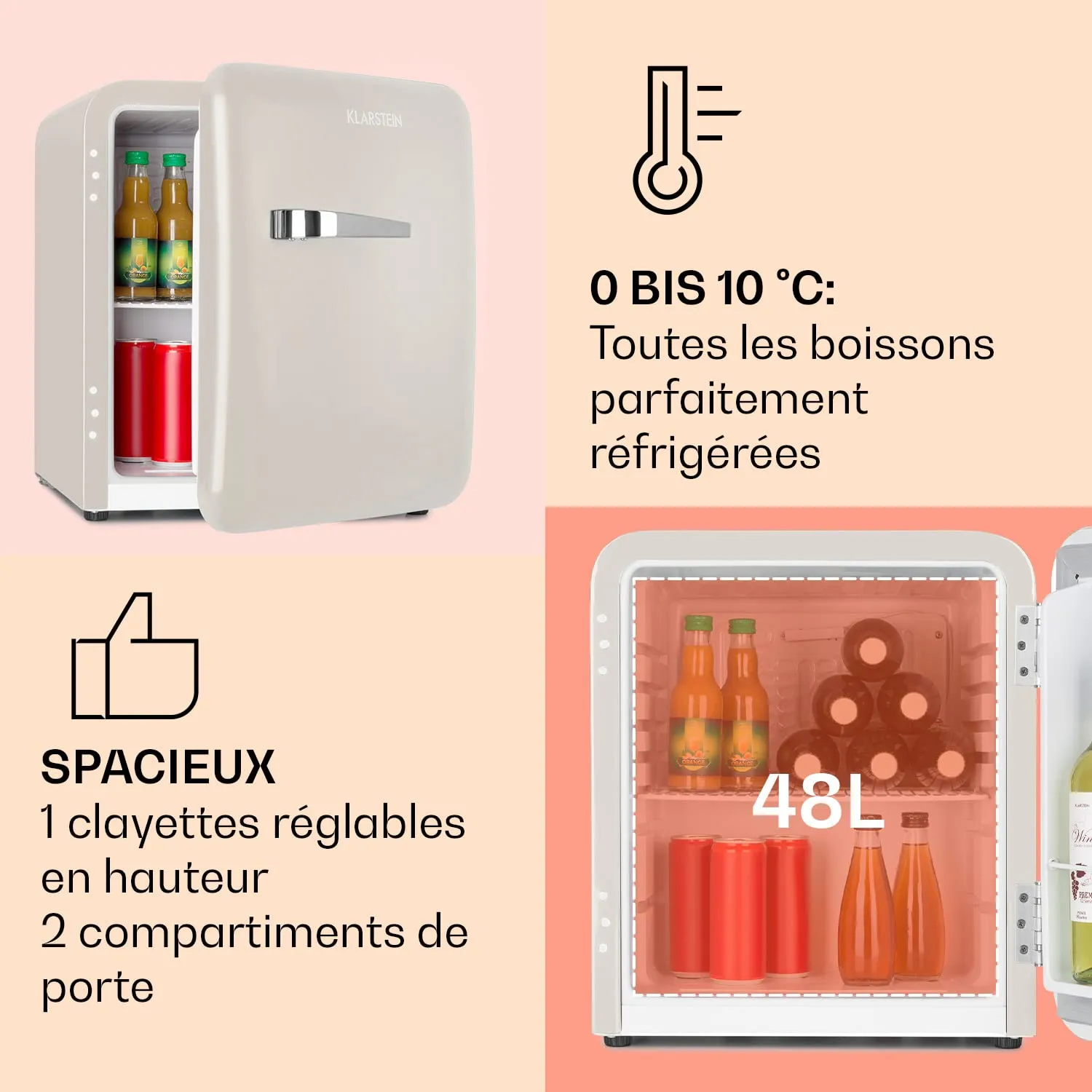 Klarstein 48L Mini Frigo Rétro Silencieux