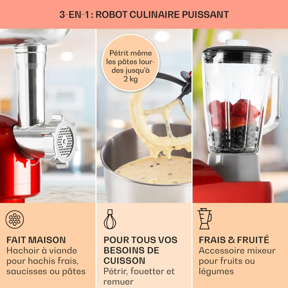 Klarstein robot pâtissier multifonction 5 L 2000 W 6 vitesses