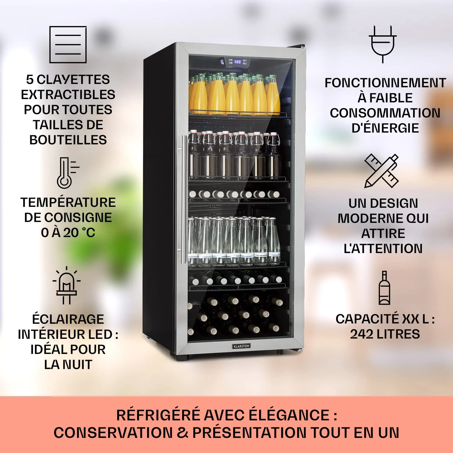 Klarstein mini frigo boissons 242L porte vitrée