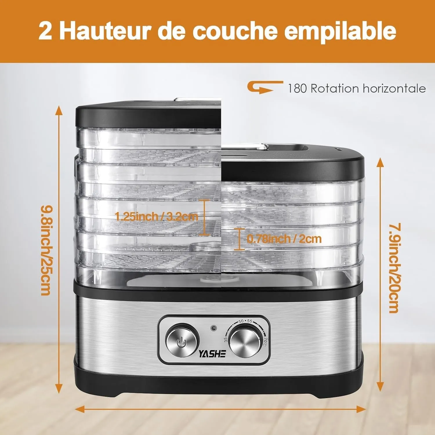 YASHE Déshydrateur Alimentaire 5 Plateaux 35-70°C