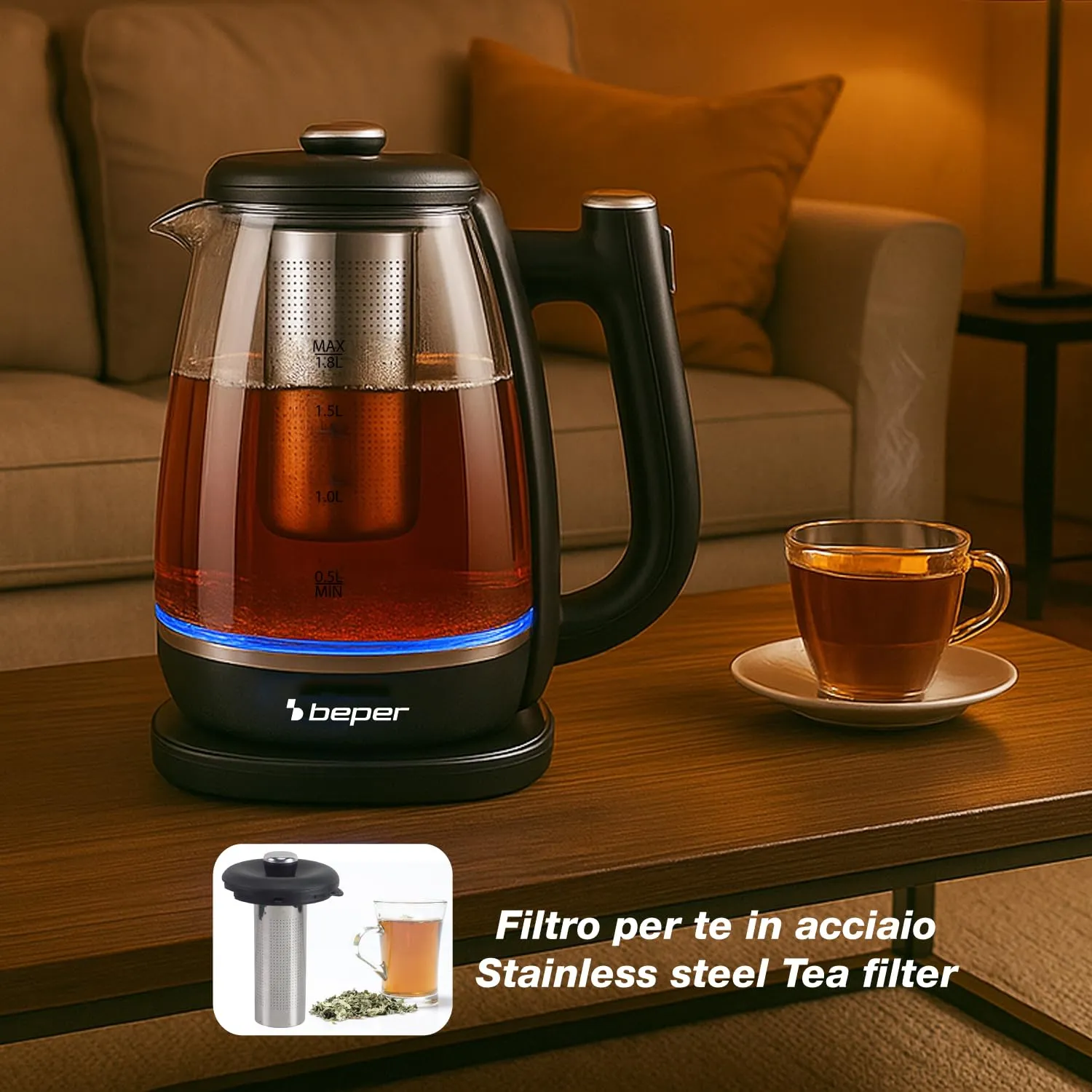 Beper P101BOL200 bouilloire verre 1,8 L avec filtre à thé
