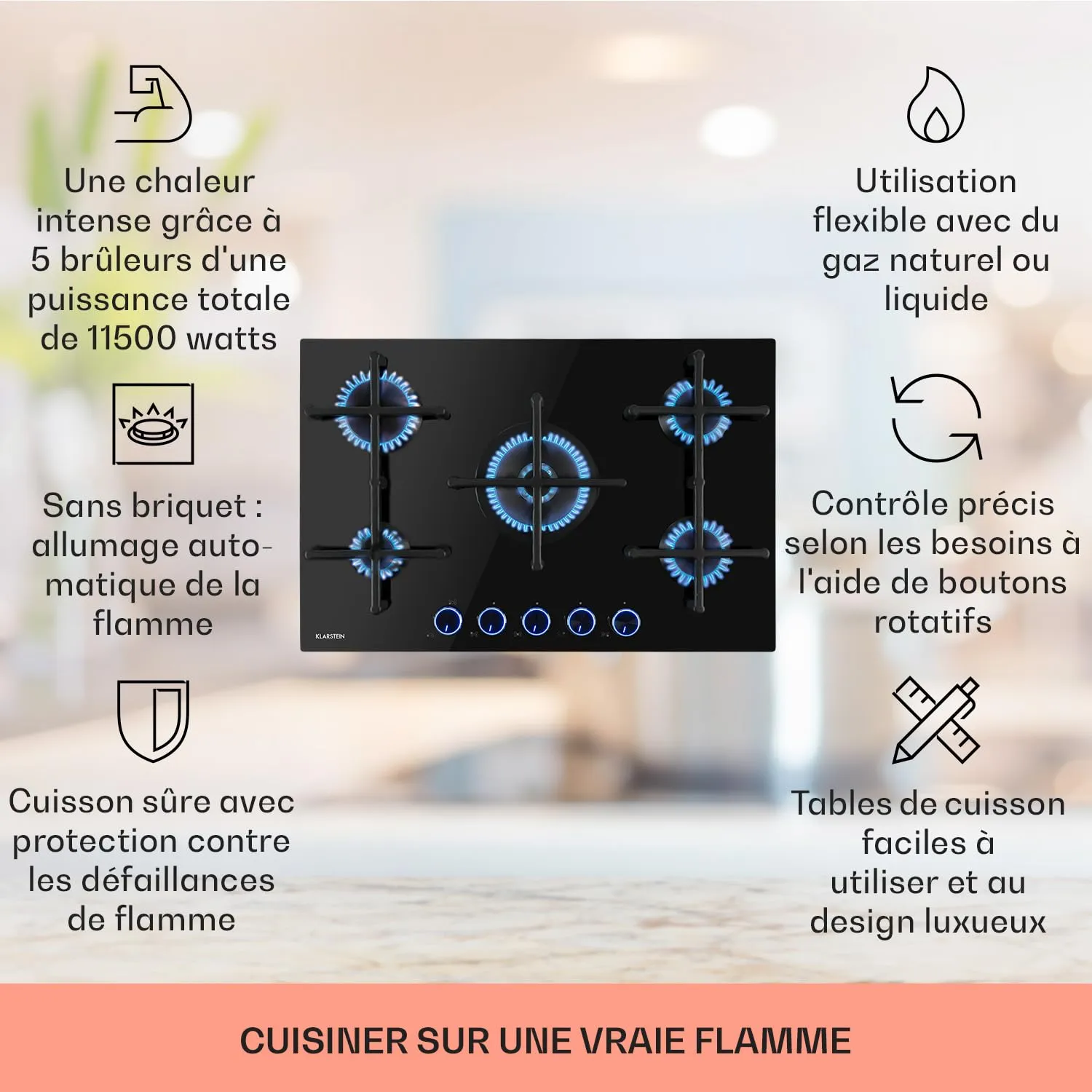 Klarstein Plaque Gaz 5 Feux Inox 75 cm 11,5 kW