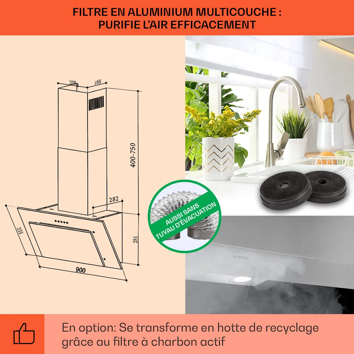 Klarstein Athena Hotte Inclinée 90 cm Argent Débit 292 m³/h