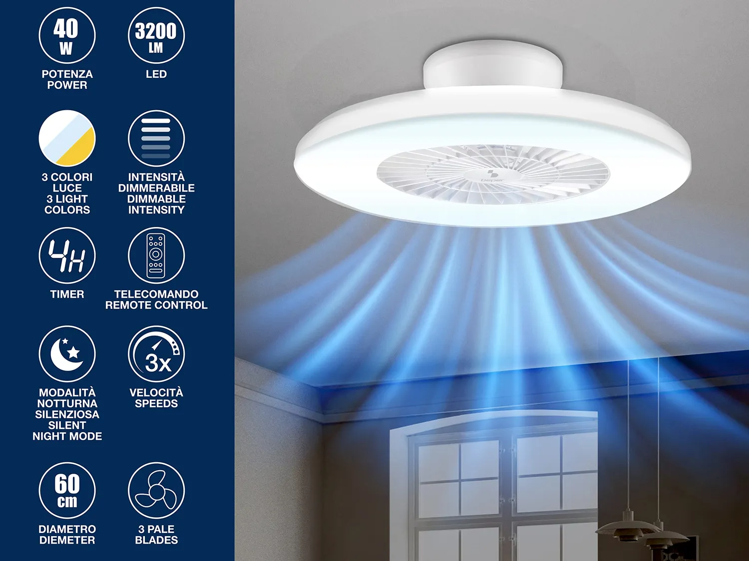 Beper P206VEN650 ventilateur plafond LED 60 cm 3 couleurs