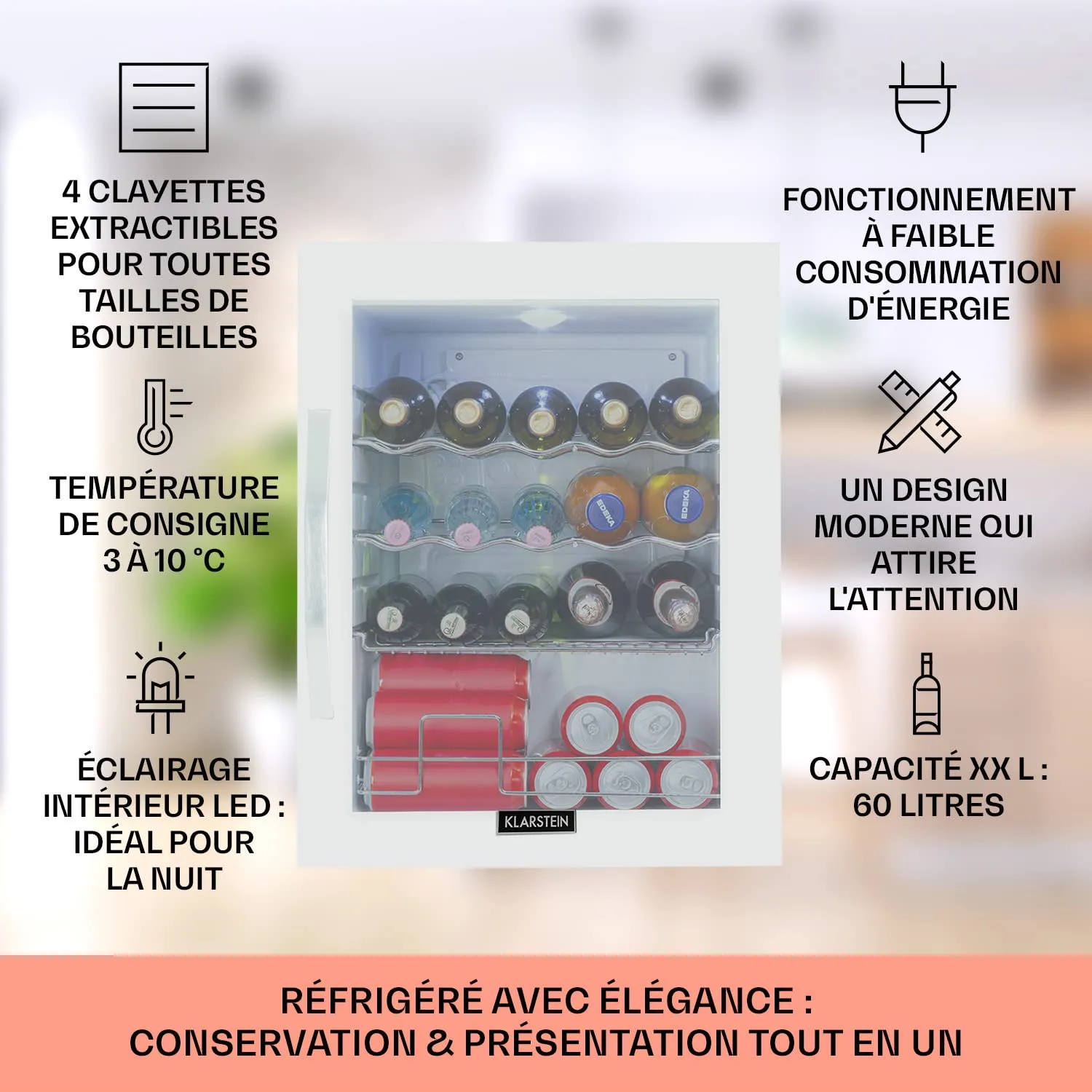 Klarstein Mini Frigo 60L porte vitrée blanc silencieux