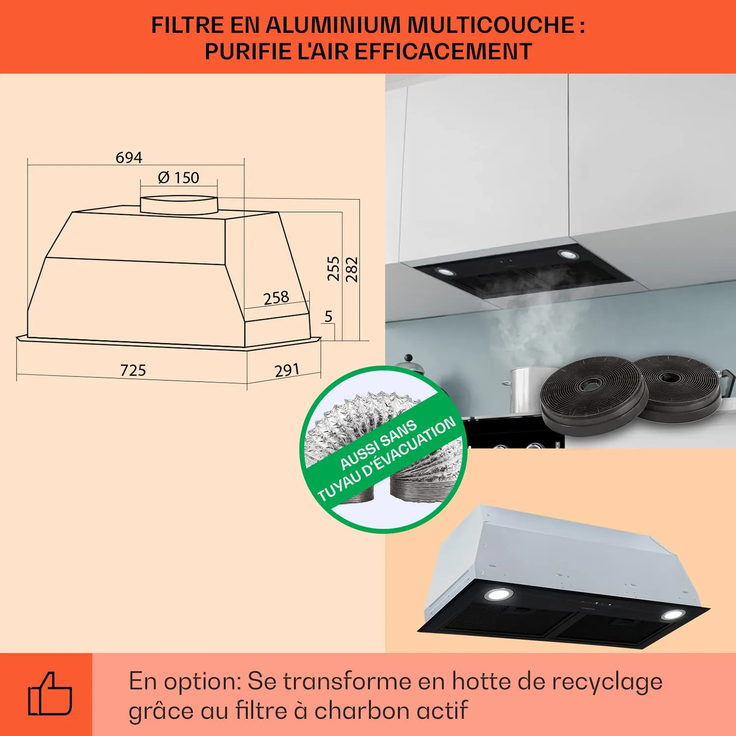 Klarstein hotte murale silencieuse 592 m³/h LED tactile