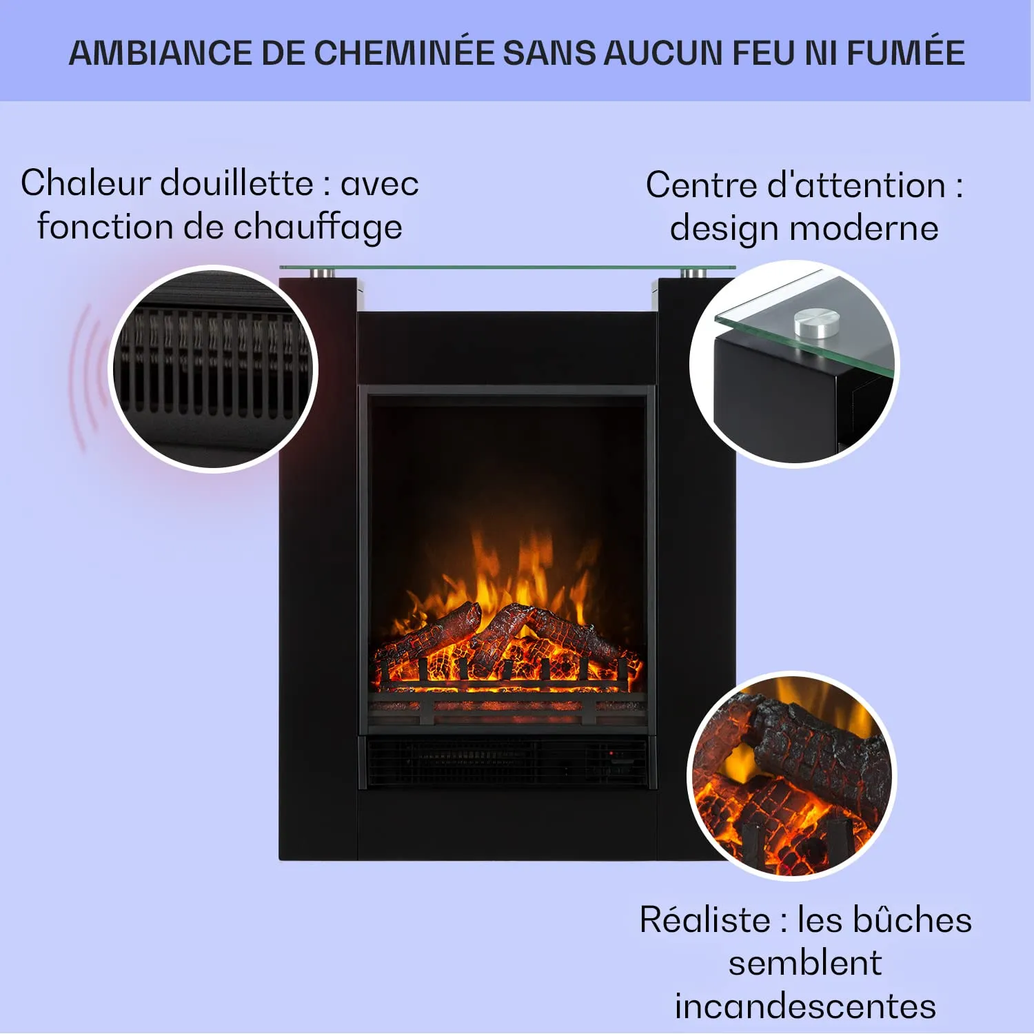 Klarstein cheminée électrique décorative noire 1800W LED