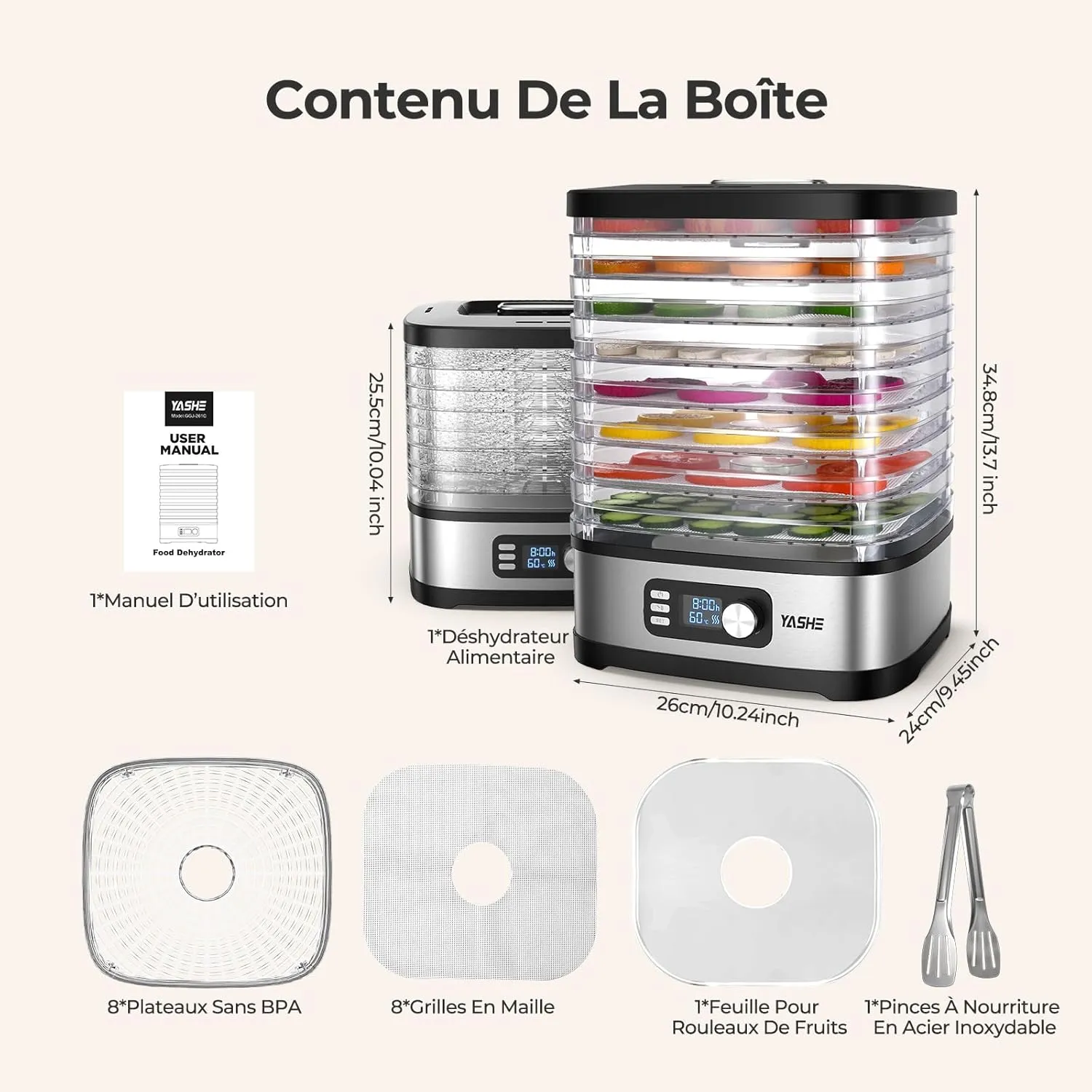 YASHE Déshydrateur 8 Plateaux déshydrateur alimentaire 35-70°C