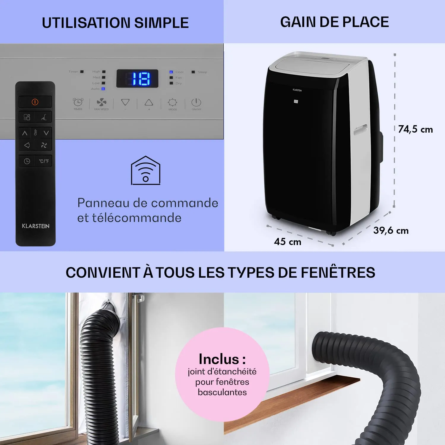Klarstein climatiseur mobile 14000 BTU 4-en-1 silencieux