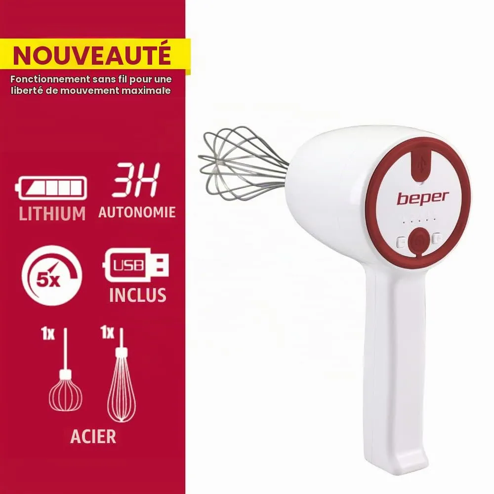 Beper P102SBA007 batteur sans fil rechargeable rouge 5 vitesses