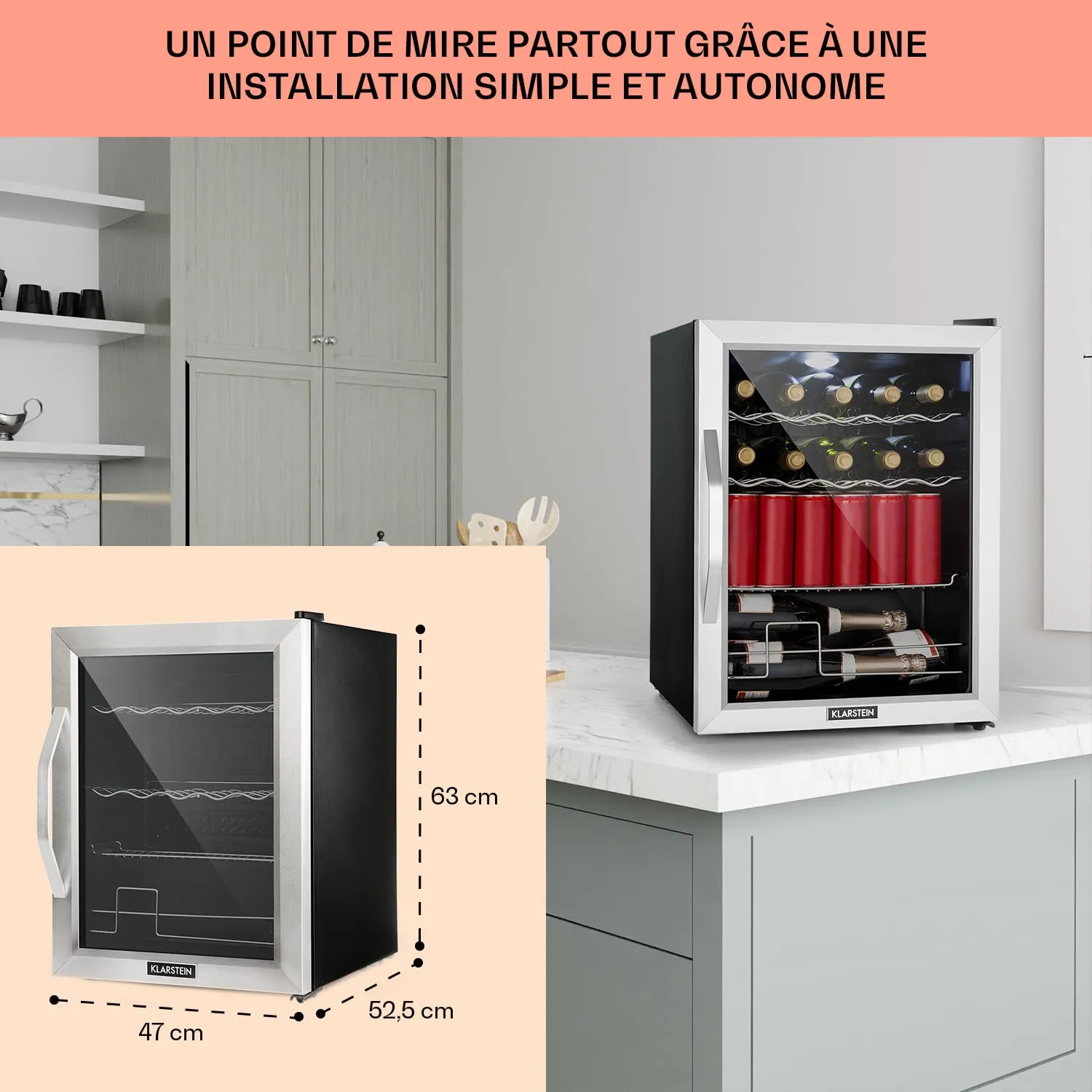 Klarstein mini frigo chambre 60 L porte vitrée inox silencieux