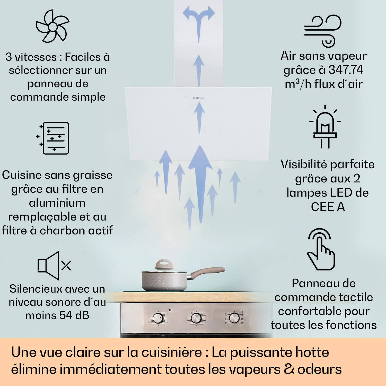 Klarstein Laurel hotte aspirante 60cm inclinée LED 347m3/h