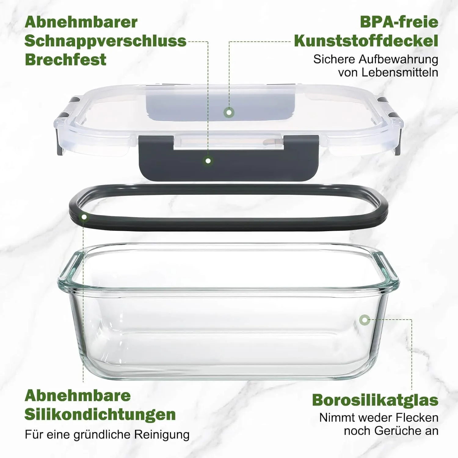 YASHE lot 5 lunch box verre 1040ml gris hermétique