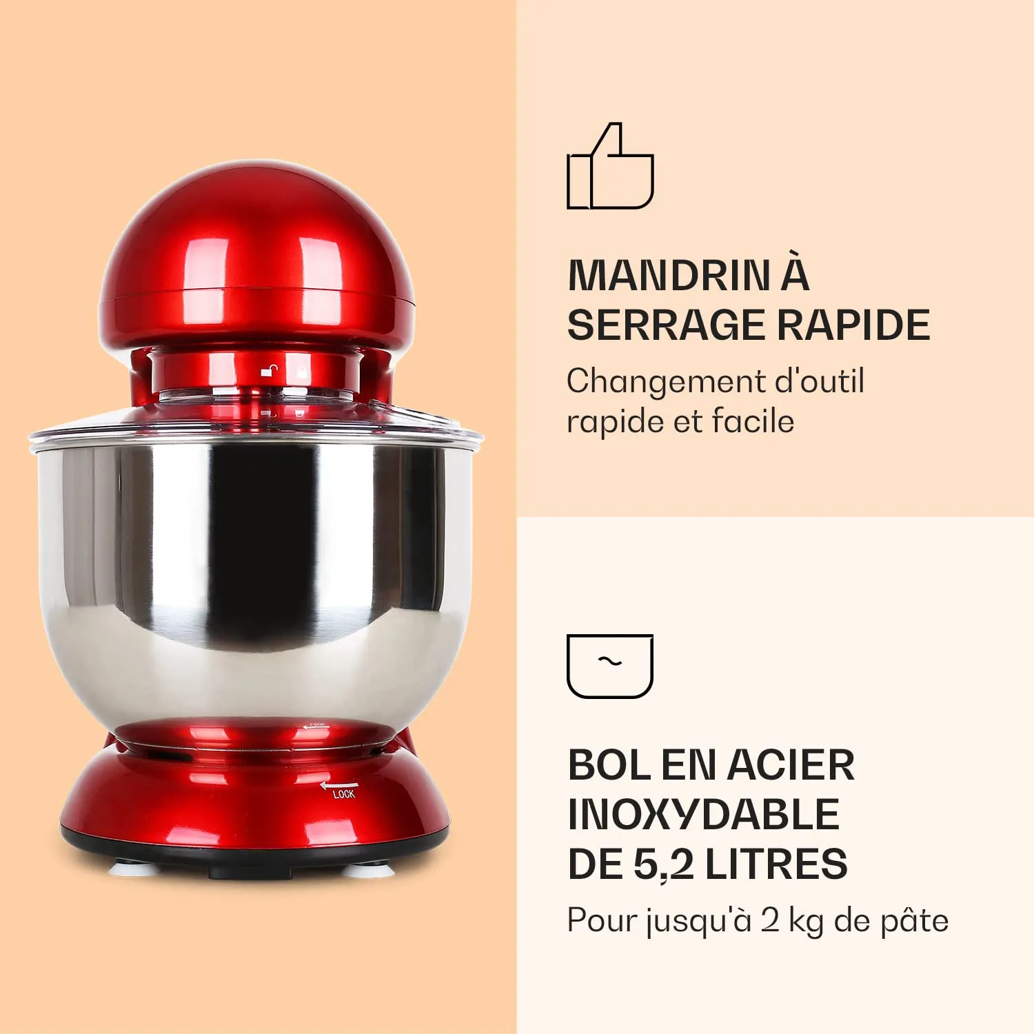 Klarstein Robot Pâtissier Bol 5L 2000W Rouge 6 Vitesses