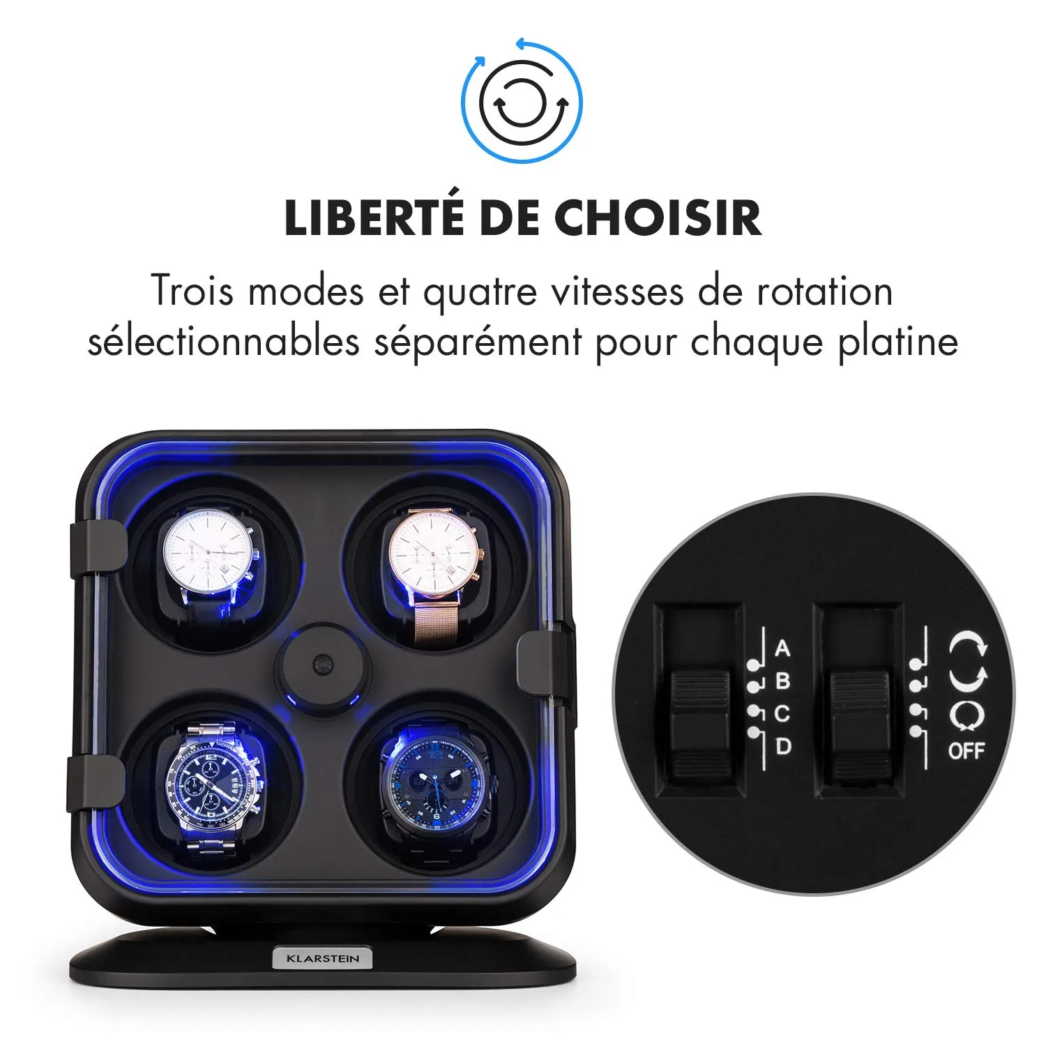 Klarstein remontoir montre automatique 4 montres noir LED bleue