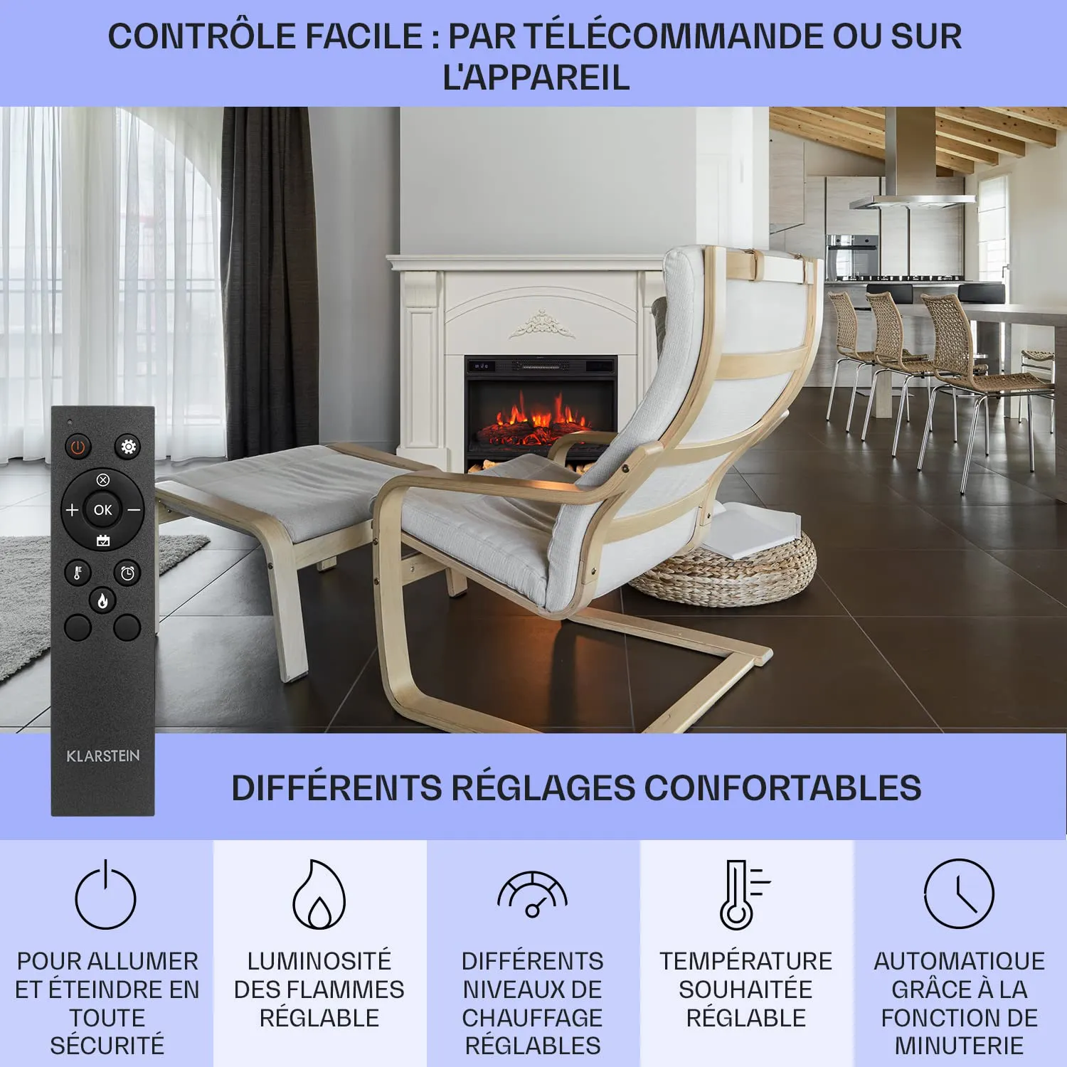 Klarstein cheminée électrique 1900W effet flamme LED