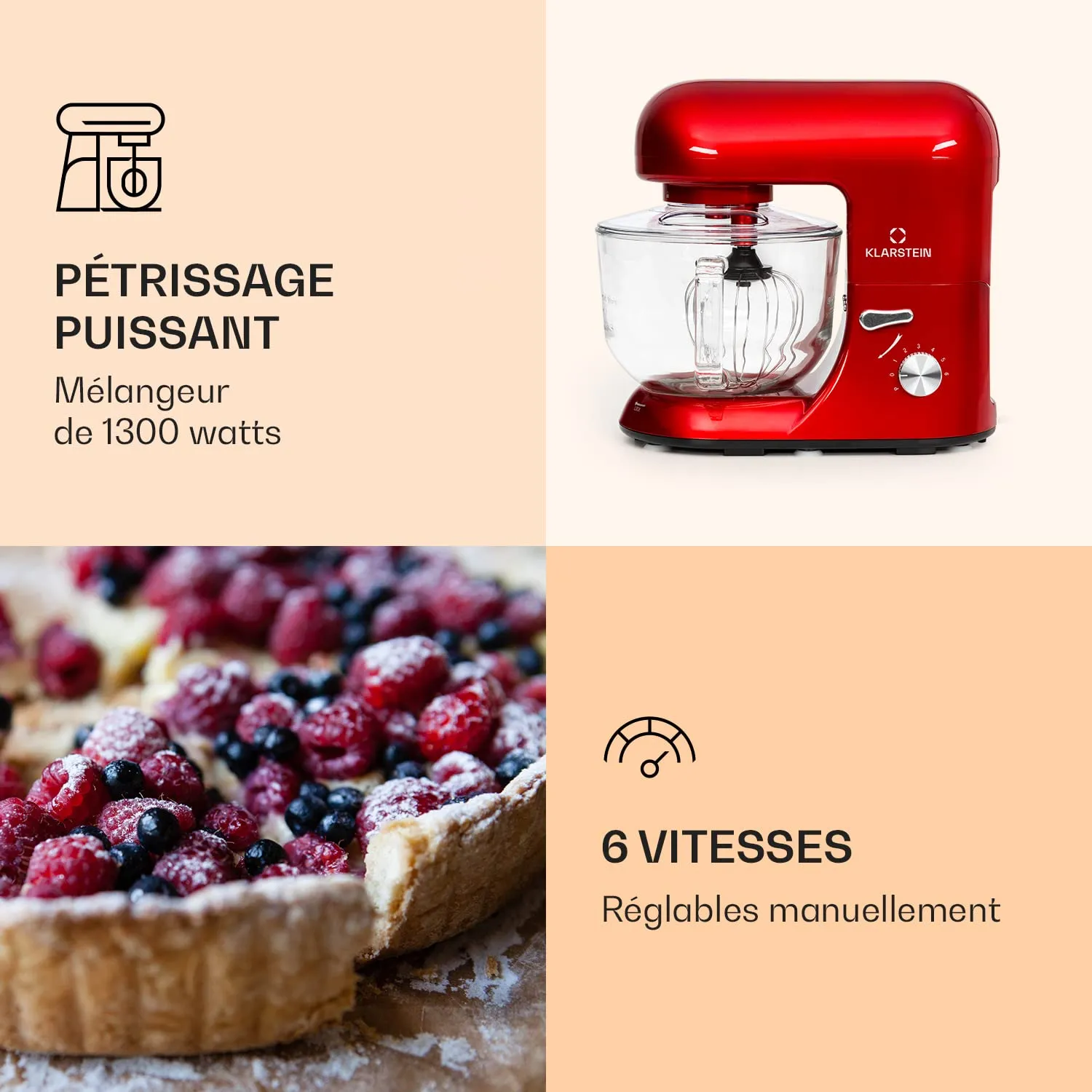 Klarstein robot pâtissier 5L 2000W rouge mouvement planétaire