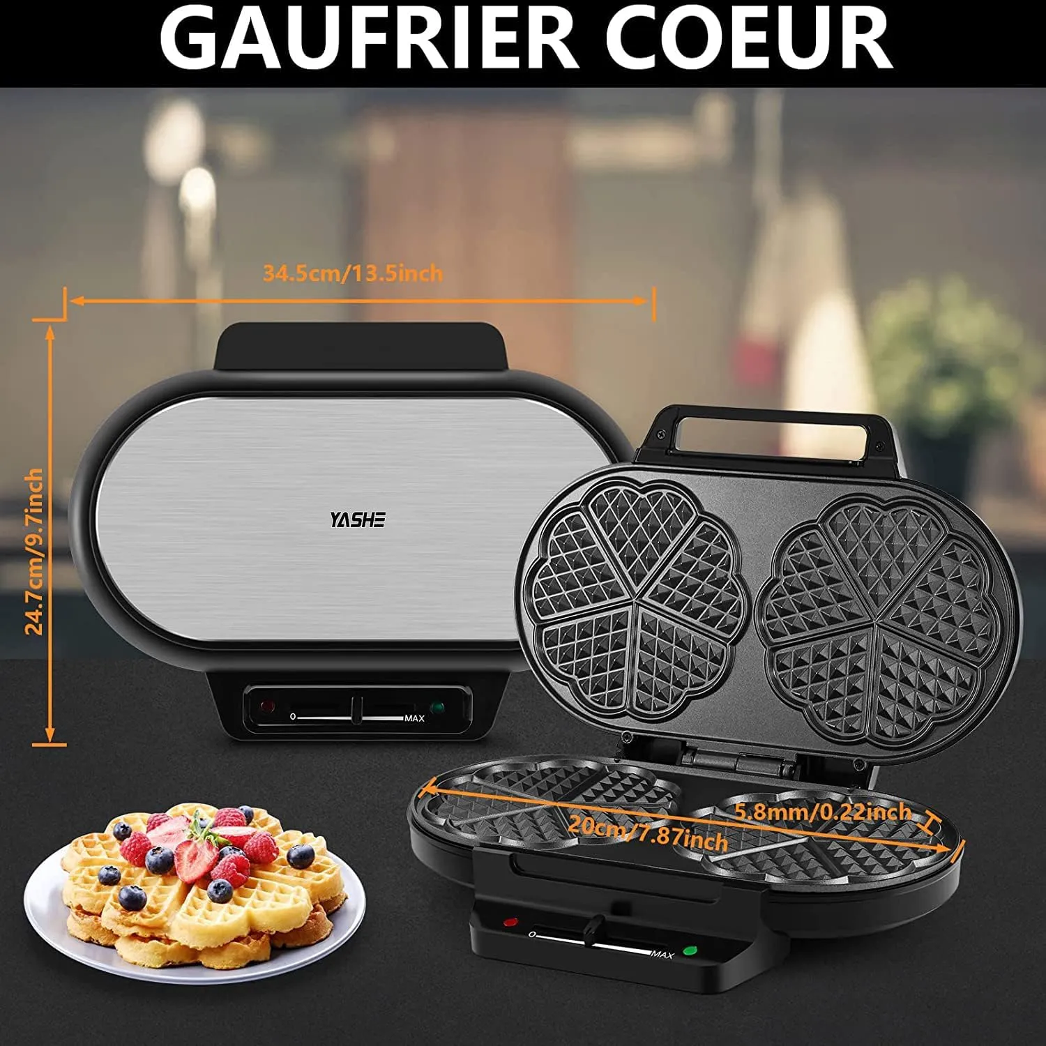 YASHE Machine à Gaufre Cœur 10 Pièces 1200W Antiadhésif
