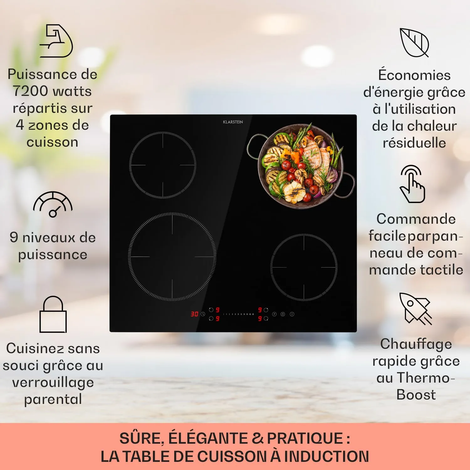 Klarstein 4 Feux 7200W plaque induction encastrable Noir Foncé