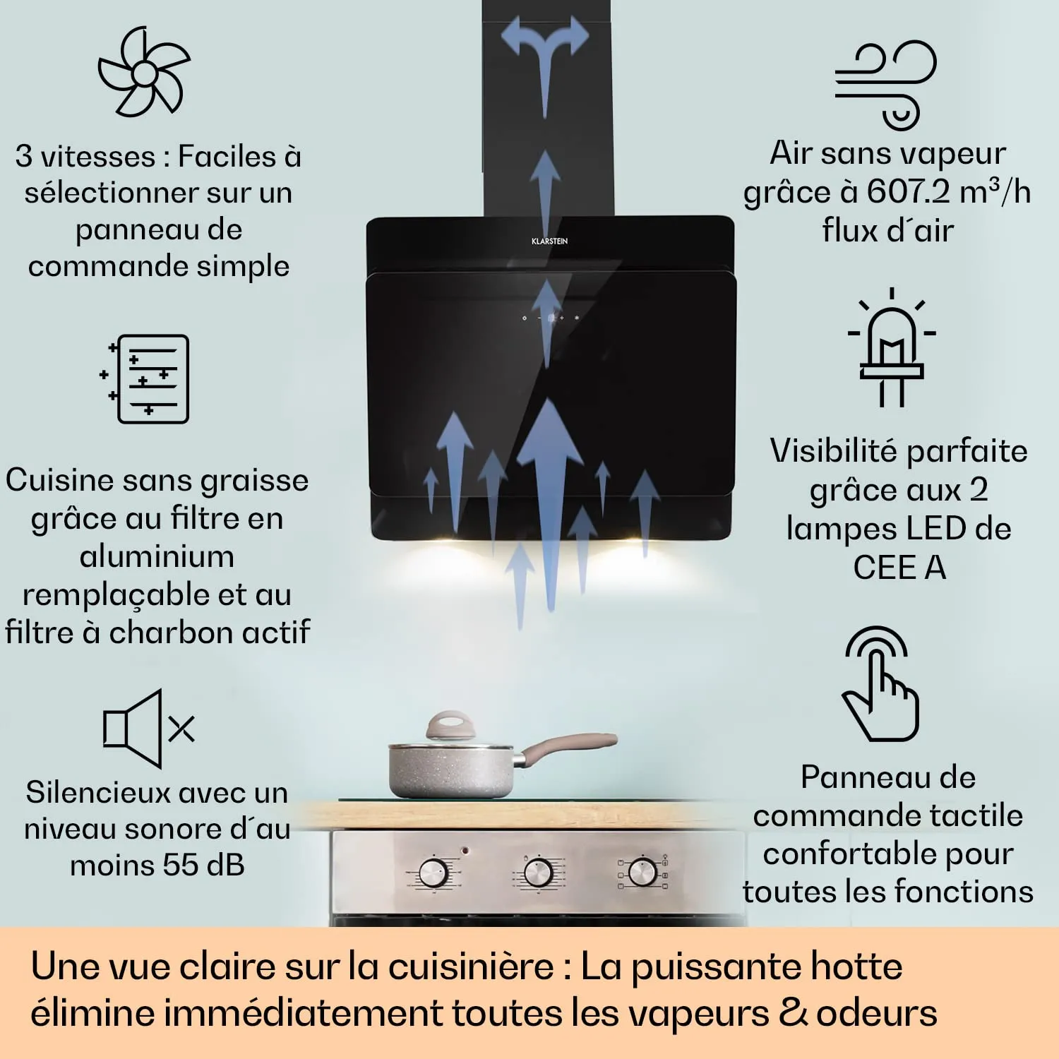 Klarstein Aurica Hotte Inclinée 60cm Noire 607m³/h