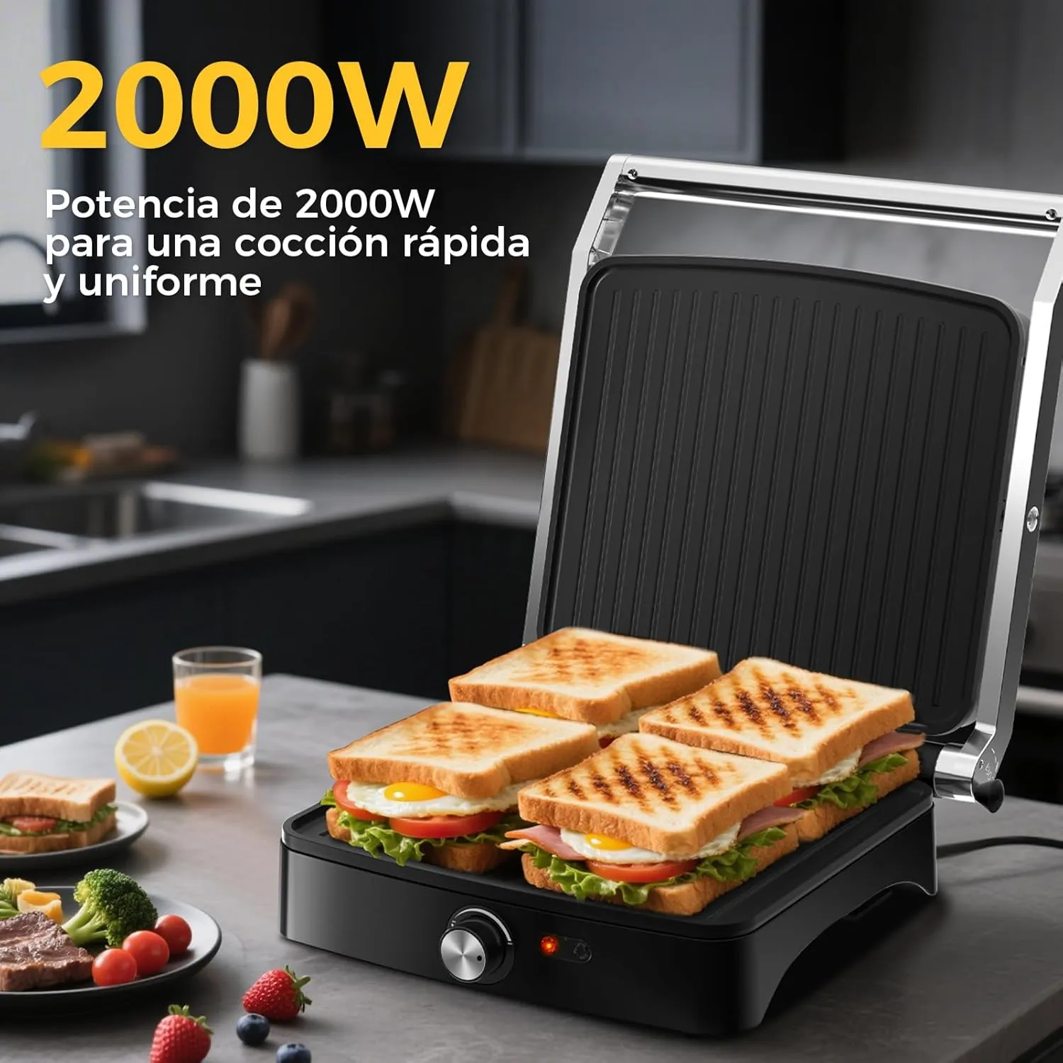 YASHE Grille-Panini 2000W 4 Tranches Plaques 28x25cm