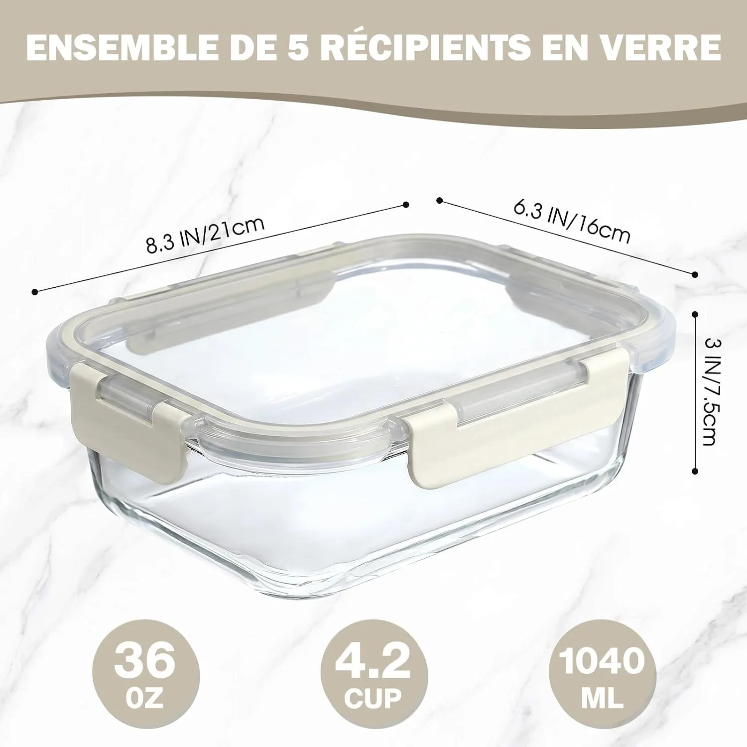 YASHE lot 5 lunch box verre 1040ml gris hermétique
