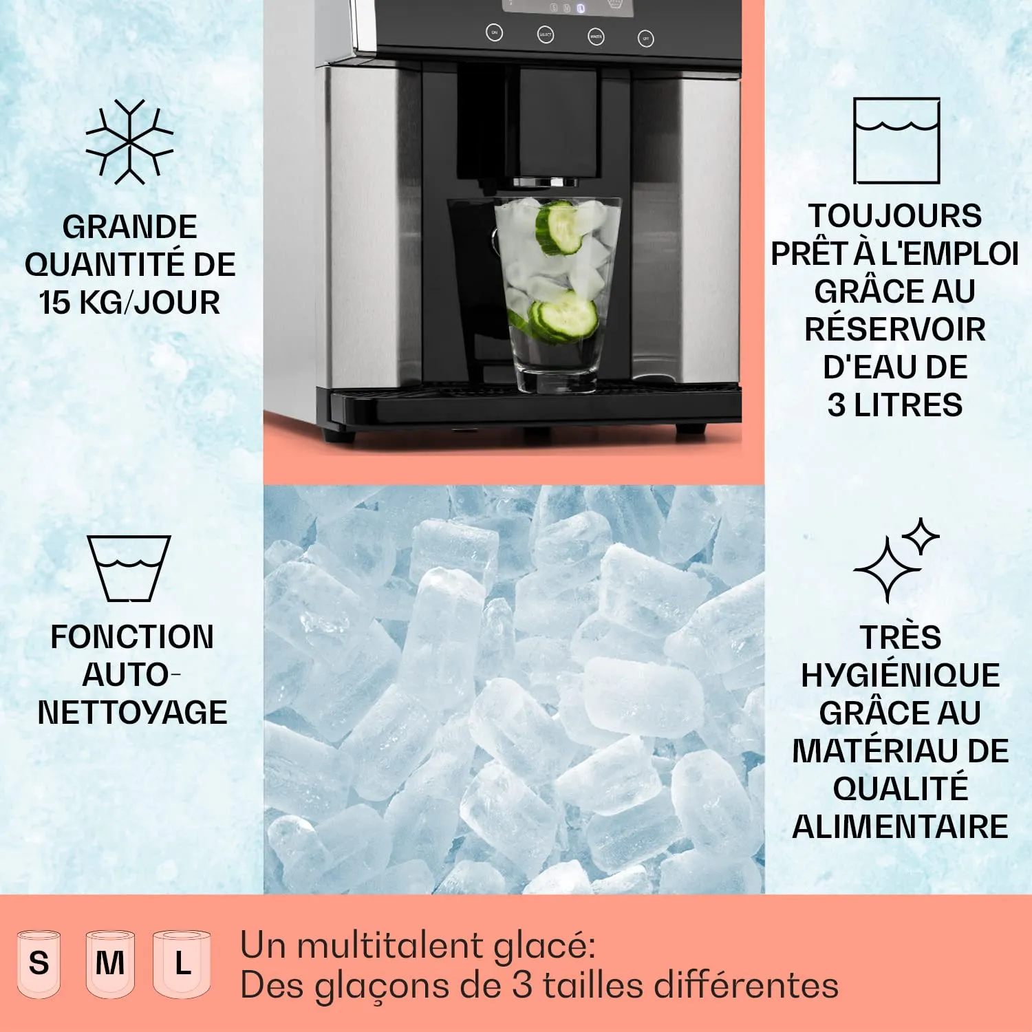 Klarstein machine à glaçons 3 L 15 kg 3 tailles inox