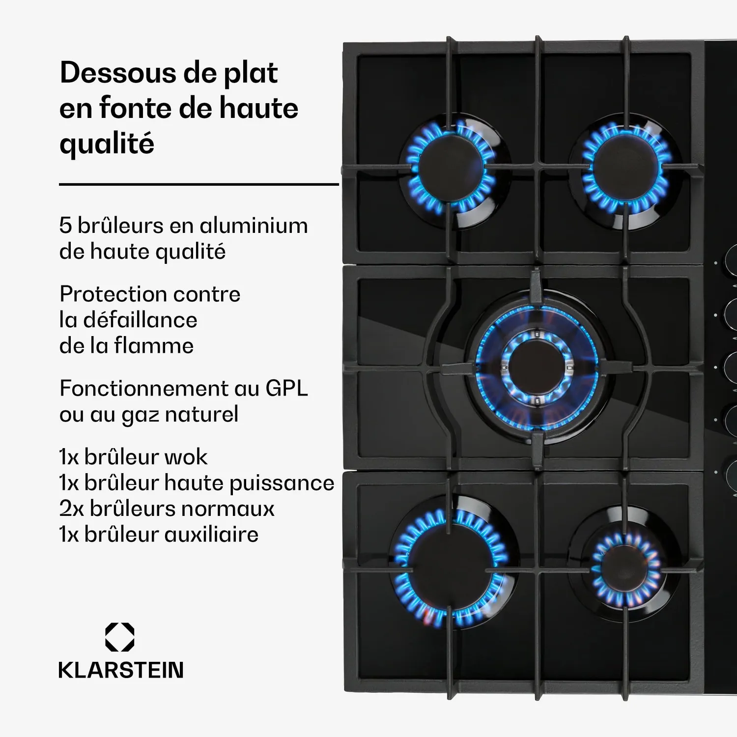 Klarstein Ignito Plaque Gaz 5 Feux Noire Vitrocéramique