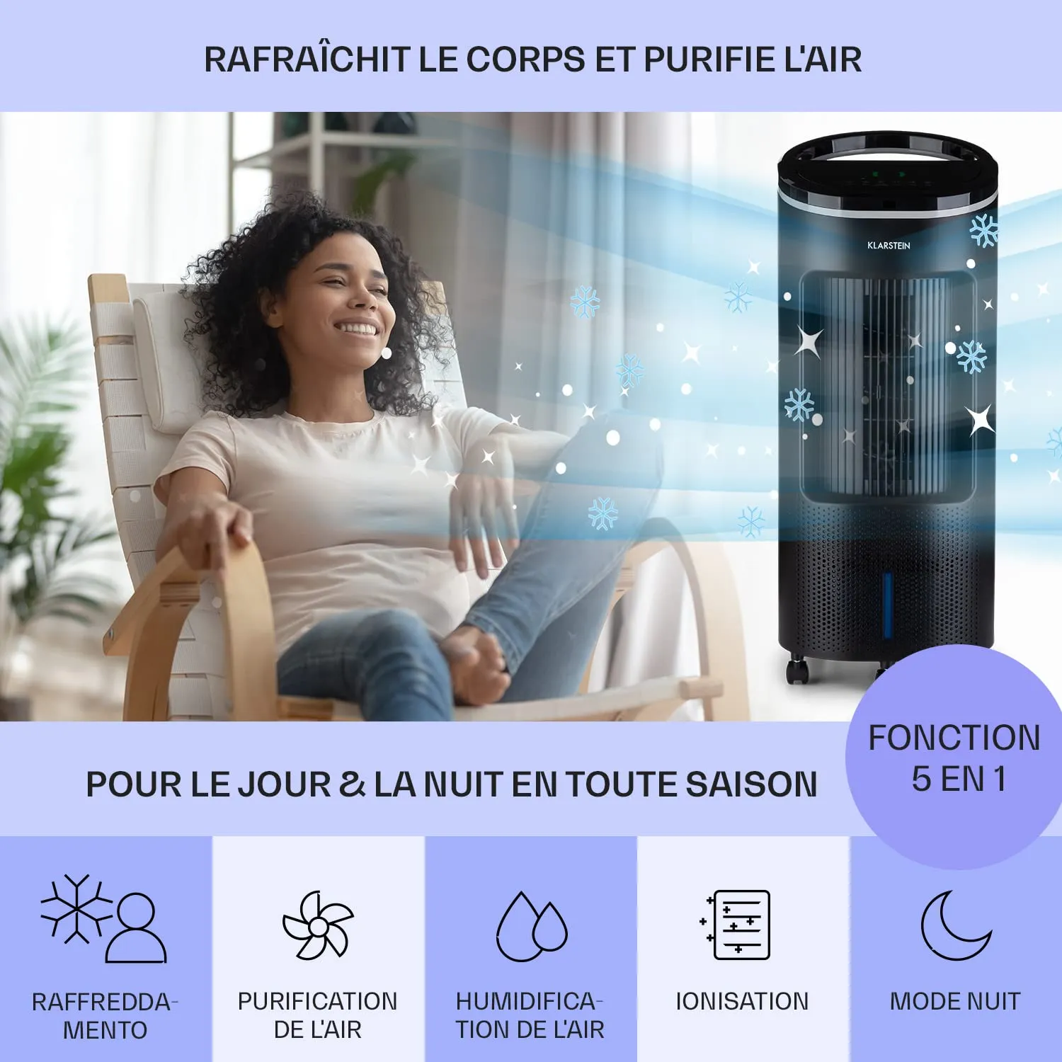Klarstein 4 en 1 rafraichisseur d'air 7L 65W silencieux
