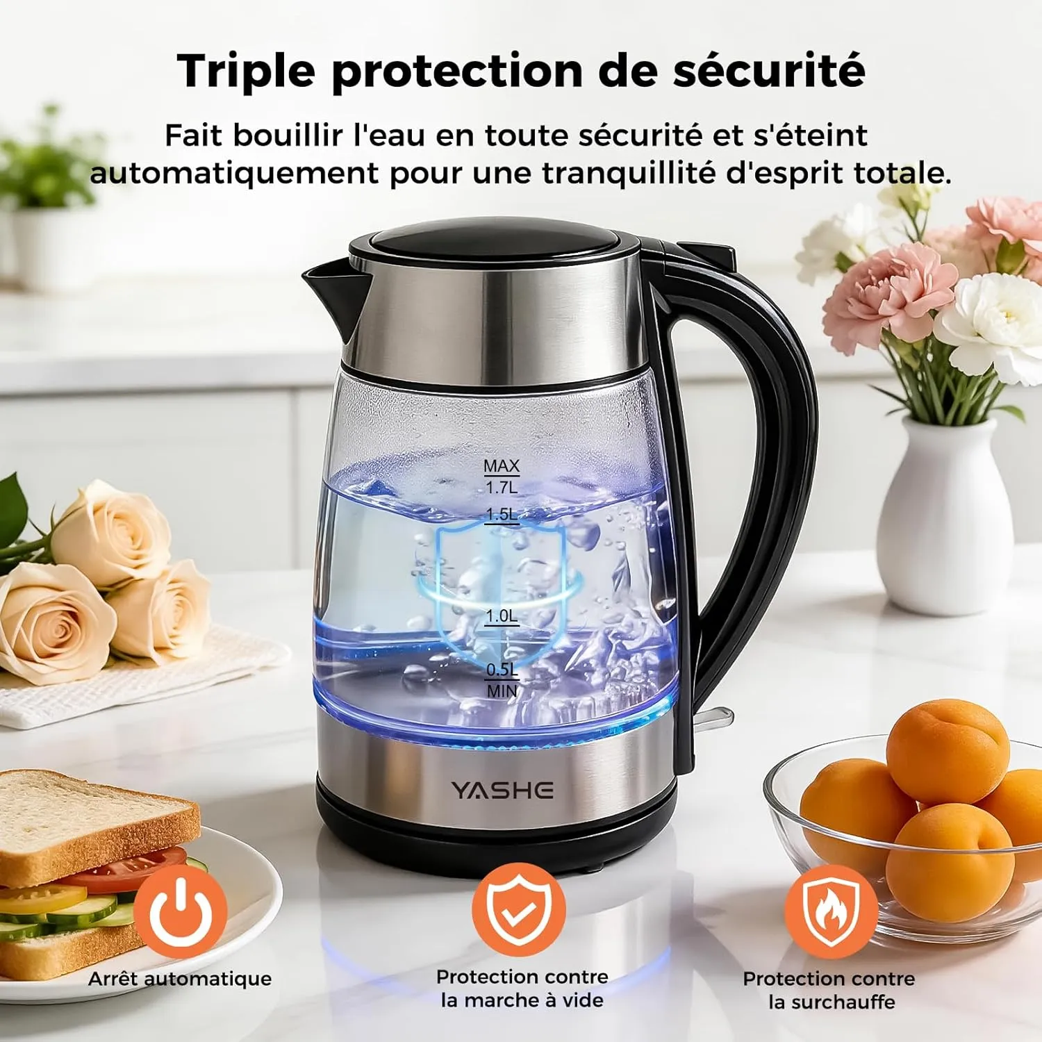 YASHE Bouilloire Électrique Verre 1,7L 2200W LED Bleue