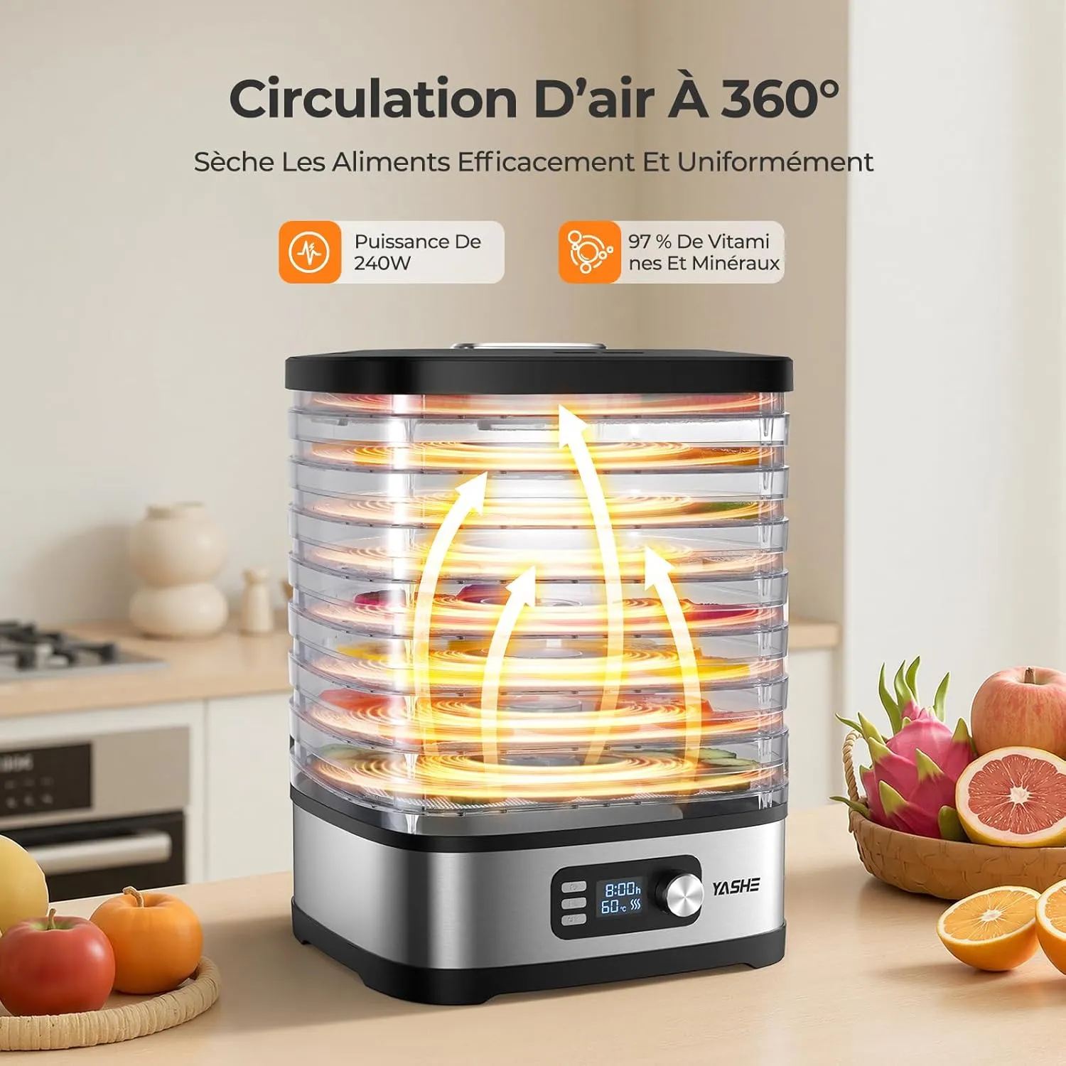 YASHE Déshydrateur 8 Plateaux déshydrateur alimentaire 35-70°C