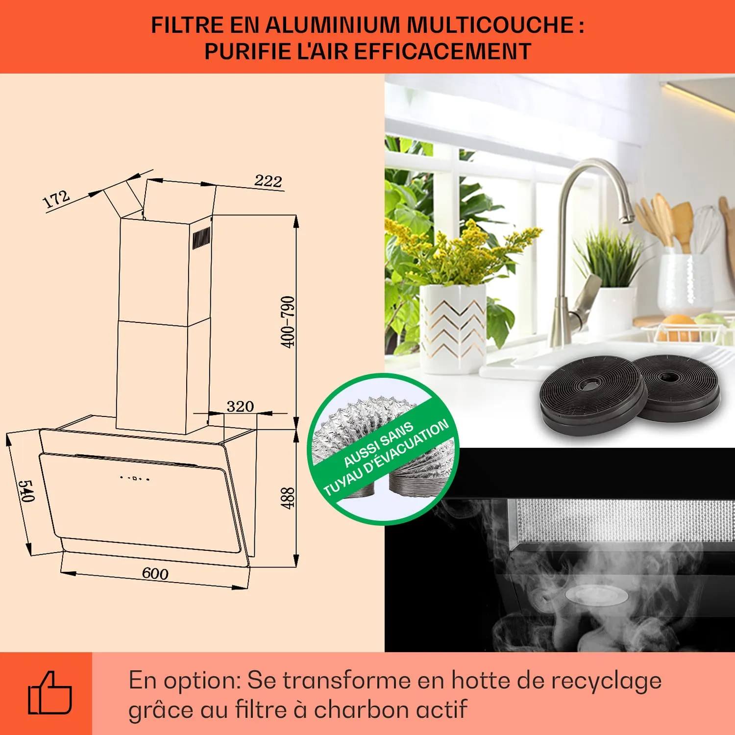 Klarstein Aurica Hotte Inclinée 60cm Noire 607m³/h