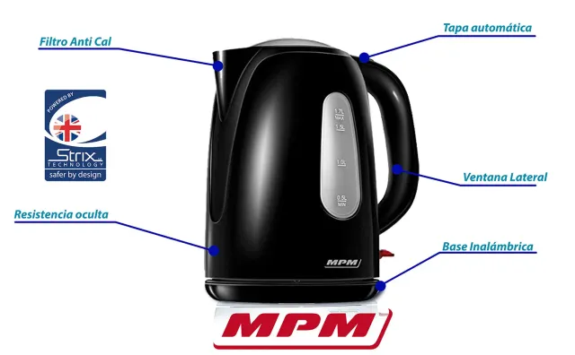 MPM bouilloire électrique noire 1,7 L 2200 W