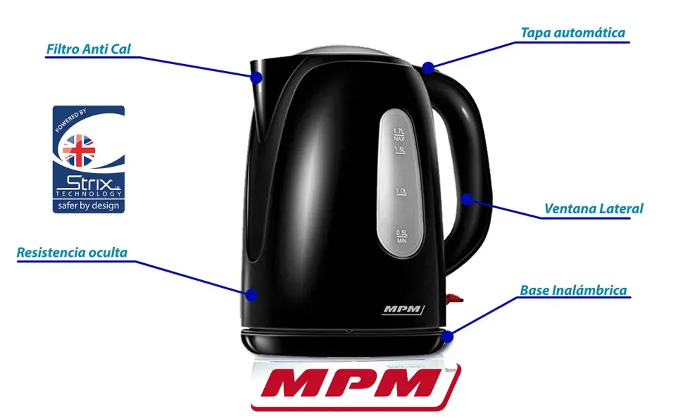 MPM bouilloire électrique noire 1,7 L 2200 W