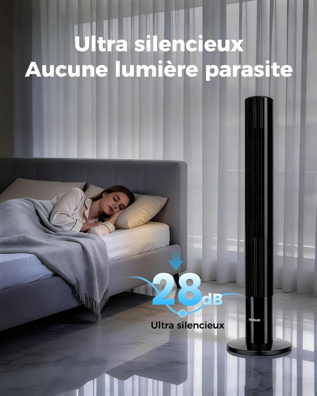 YASHE Ventilateur Tour Silencieux 3 Vitesses Télécommande Nuit
