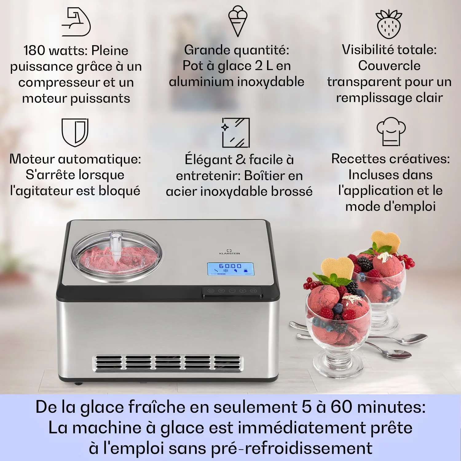 Klarstein turbine à glace sorbetière 2 L 180 W connectée