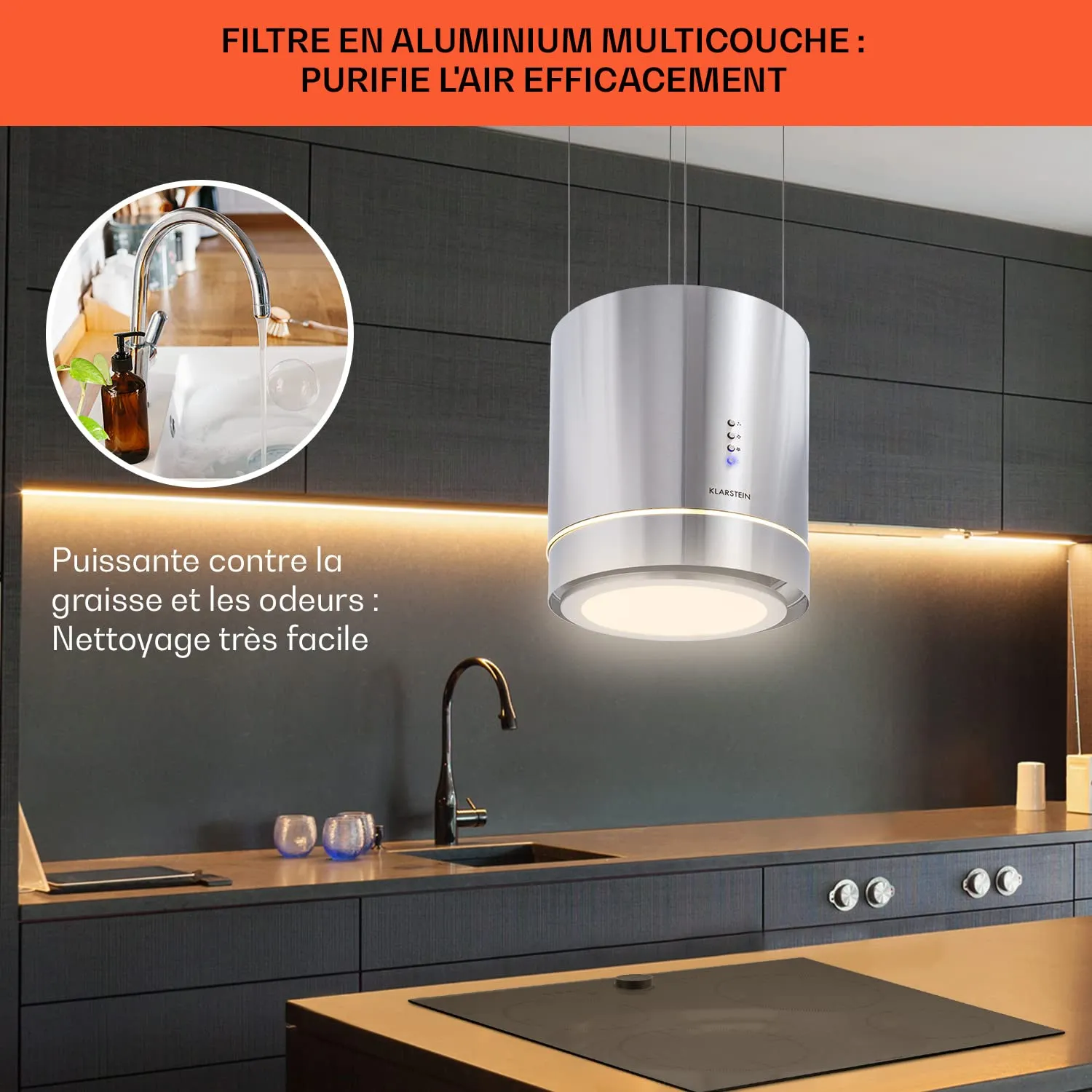 Klarstein hotte îlot suspendue noir 595 m3/h avec filtres