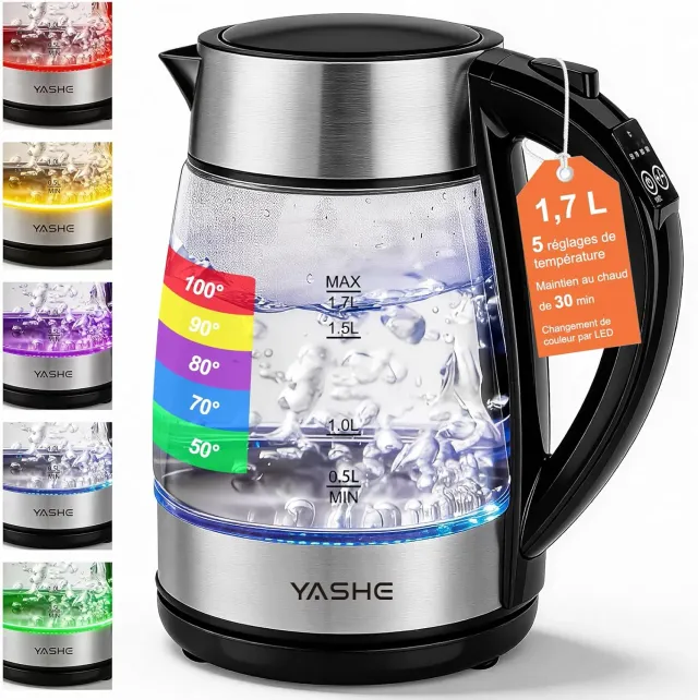 YASHE Bouilloire Verre 1,7L Température Réglable 2200W