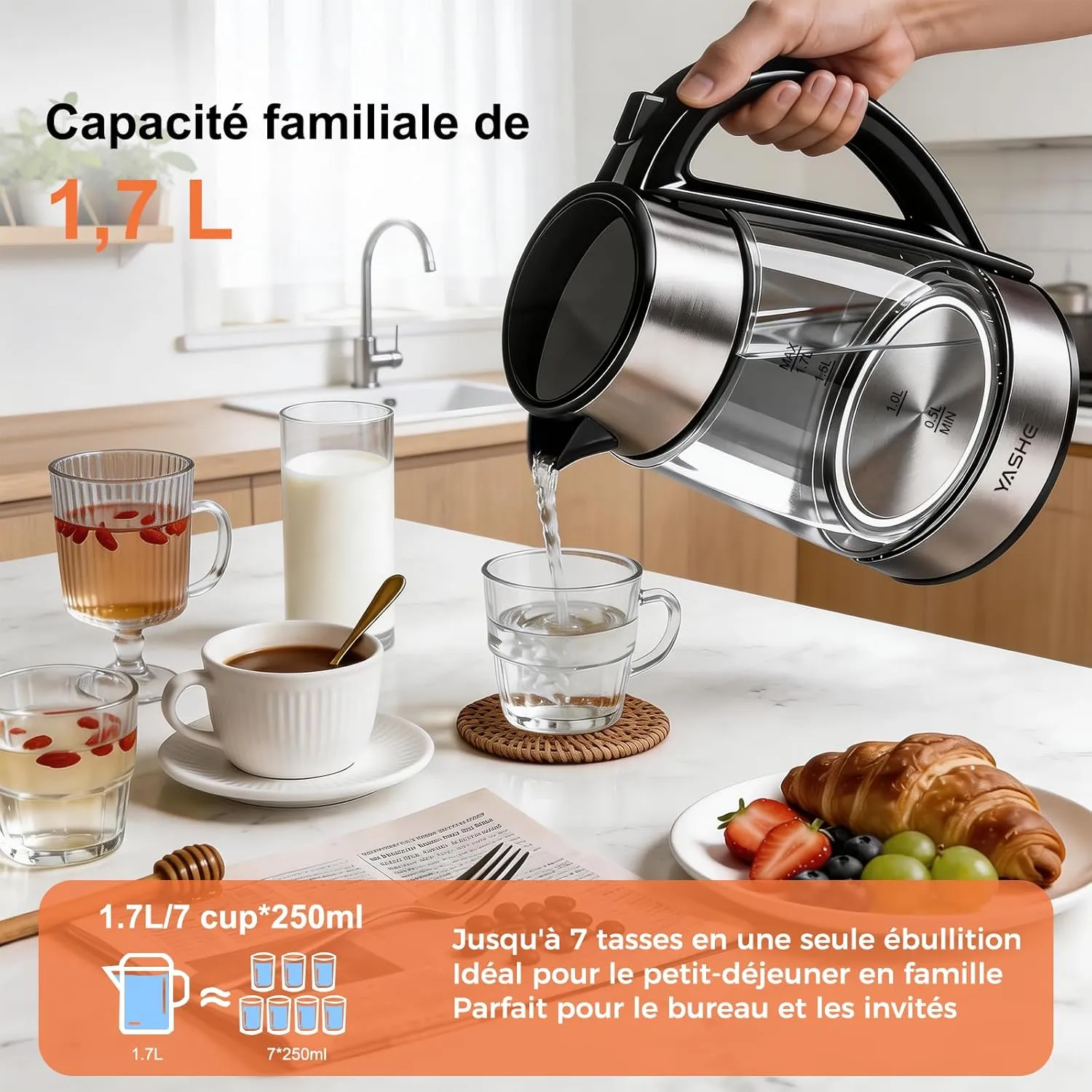 YASHE Bouilloire Verre 1,7L Température Réglable 2200W