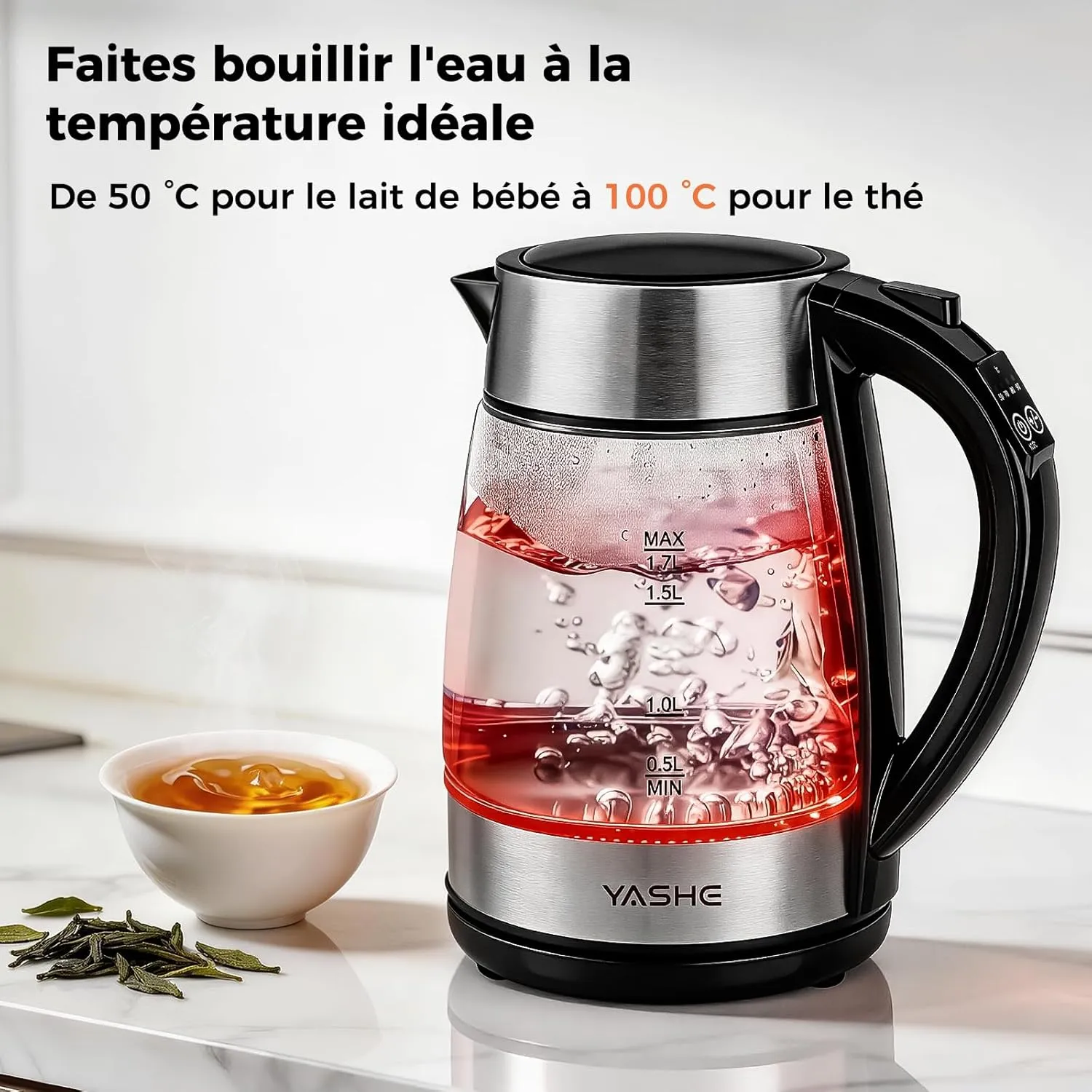 YASHE Bouilloire Verre 1,7L Température Réglable 2200W