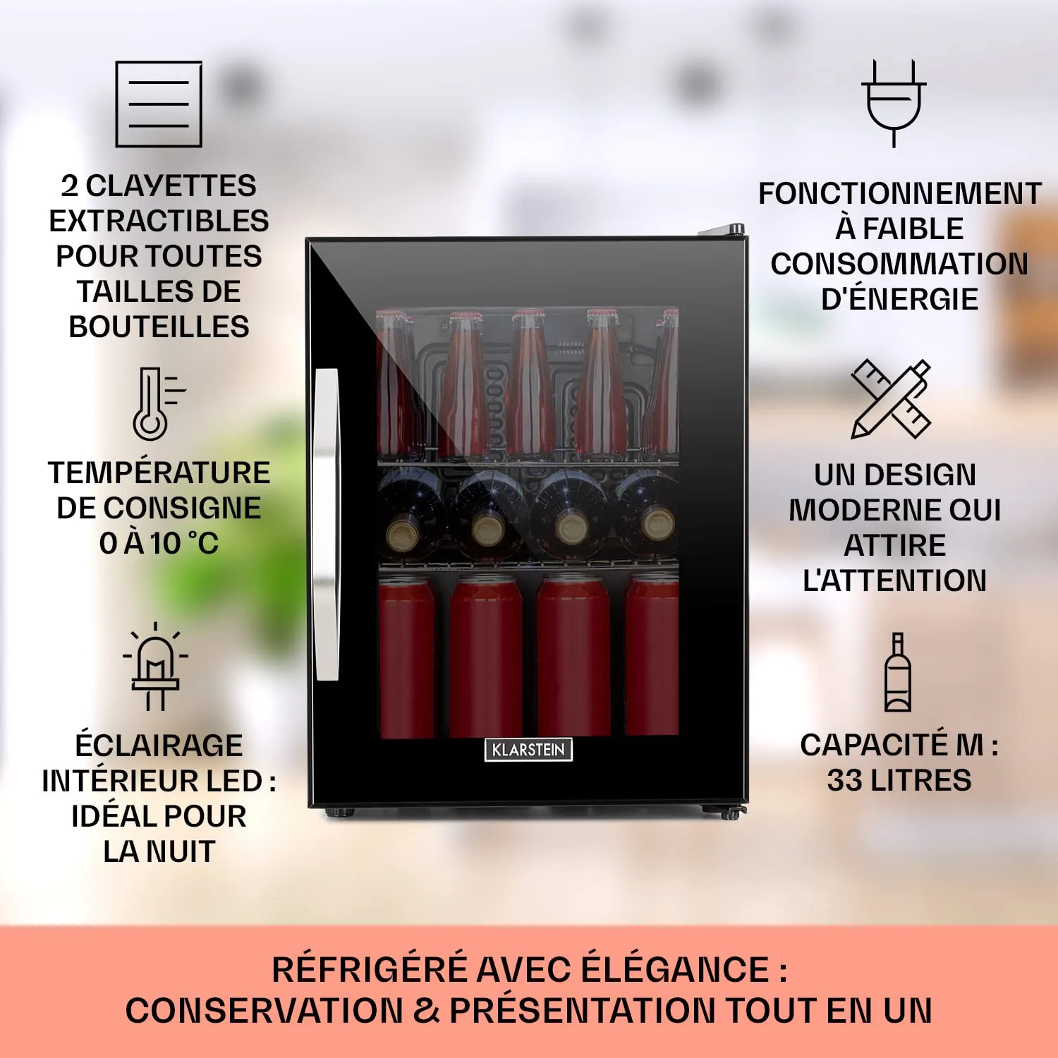 Klarstein mini frigo bar 33 L vitré noir silencieux