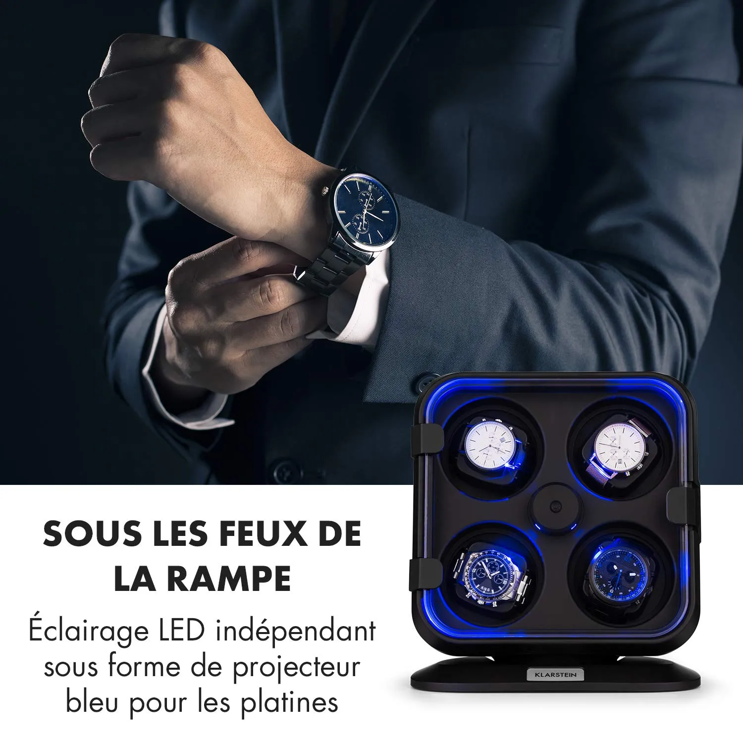 Klarstein remontoir montre automatique 4 montres noir LED bleue