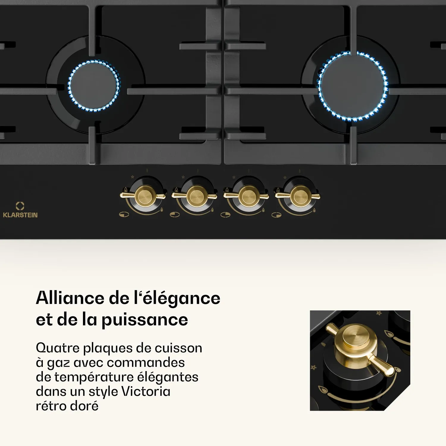 Klarstein Victoria table cuisson gaz 4 feux noir verre