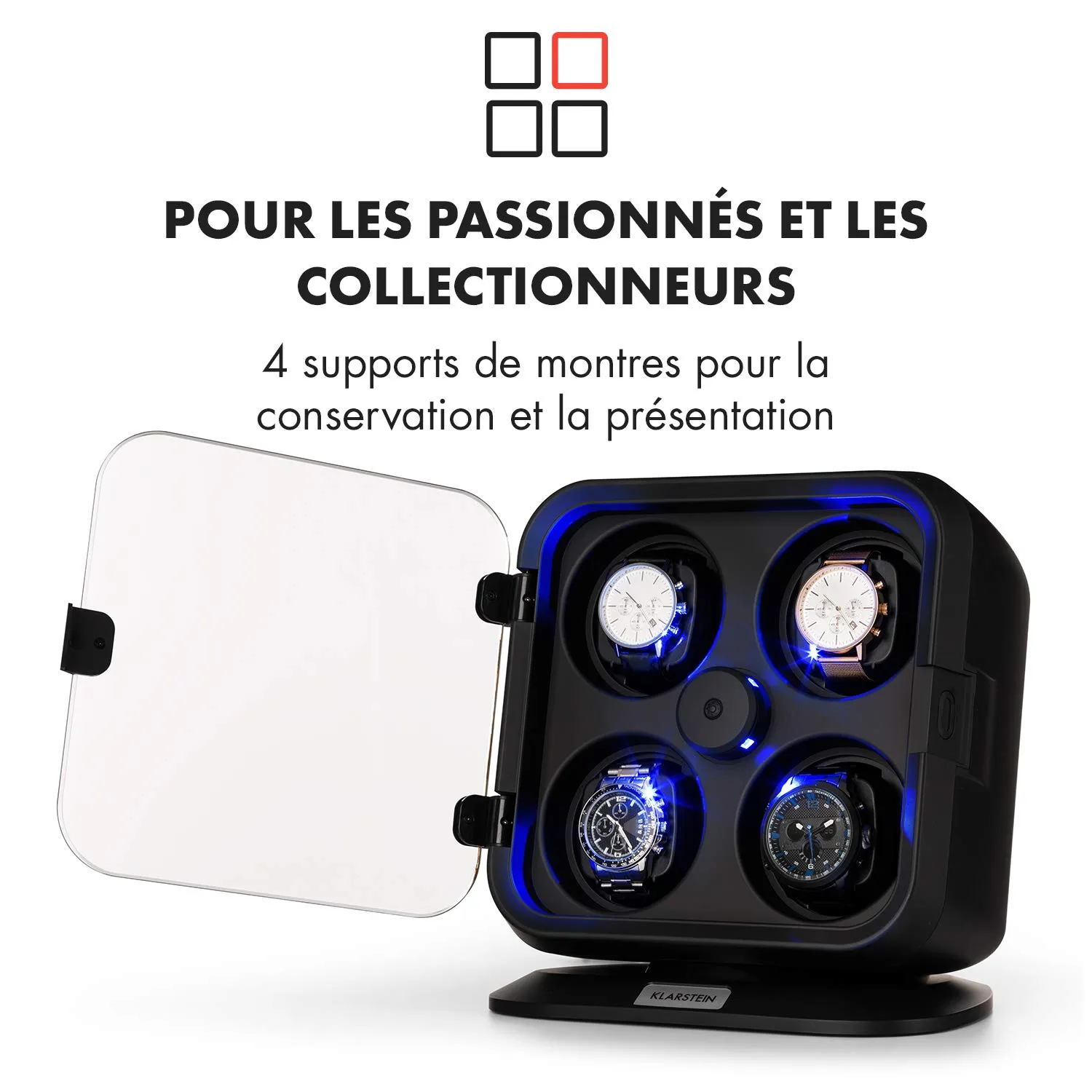Klarstein remontoir montre automatique 4 montres noir LED bleue