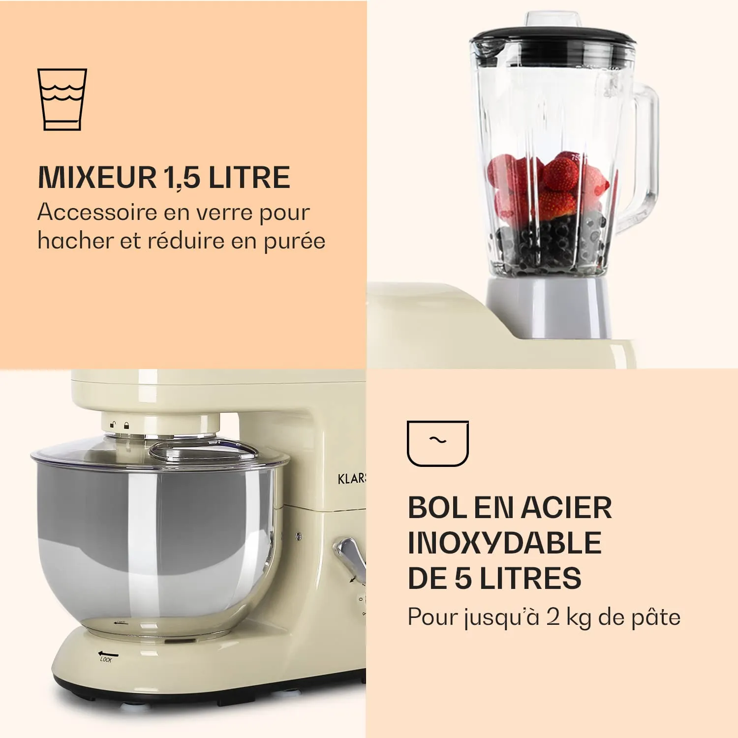Klarstein robot pâtissier 5 L 3-en-1 1800W