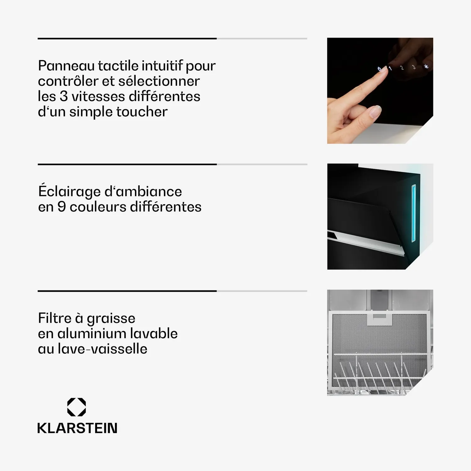 Klarstein Alina 90 hotte aspirante noire 90 cm 615 m³/h