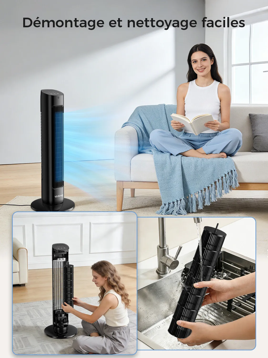 YASHE Ventilateur Tour Oscillant 78cm Turbo 3 Vitesses Télécommande