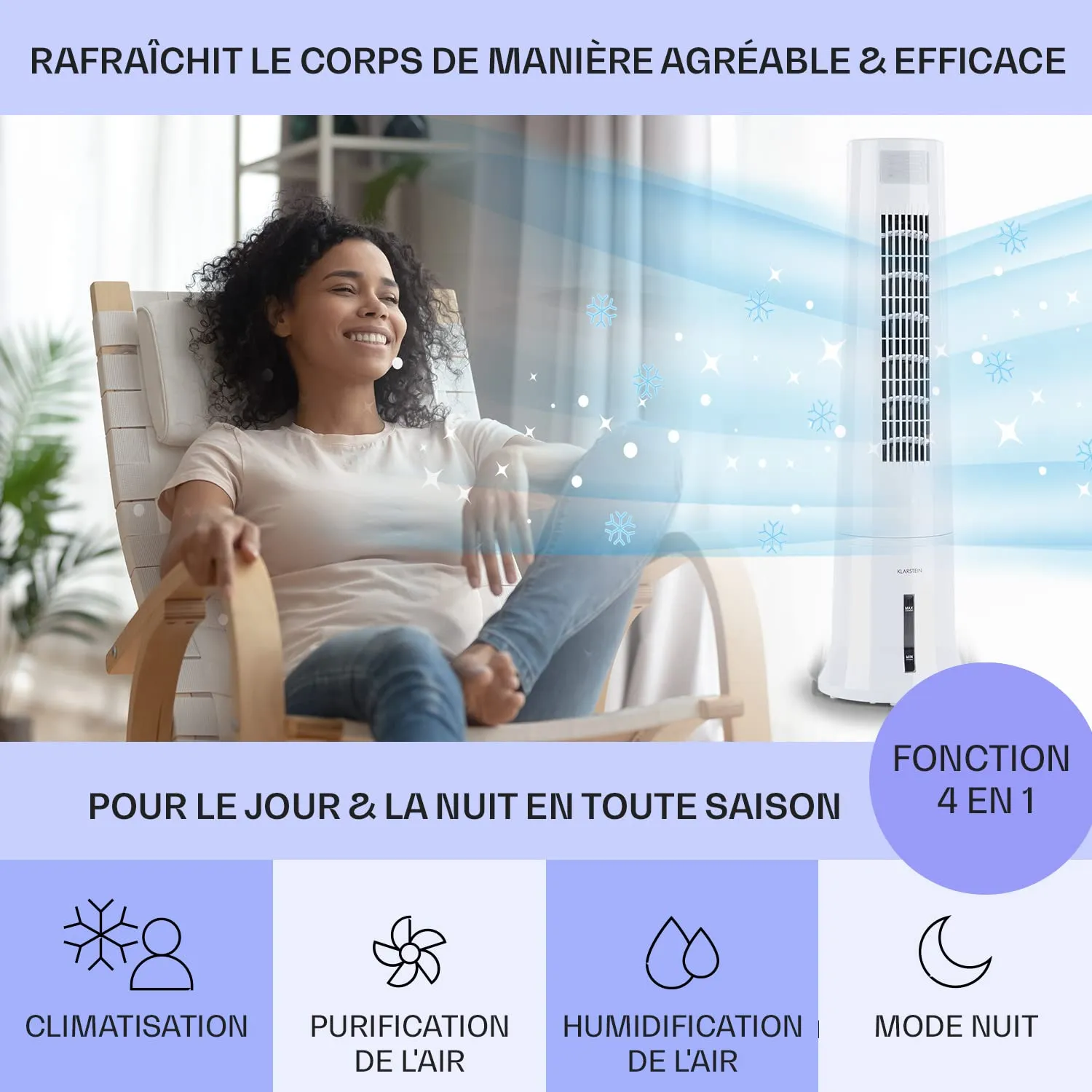 Klarstein 4 en 1 rafraîchisseur d’air 2,5L ioniseur 40W