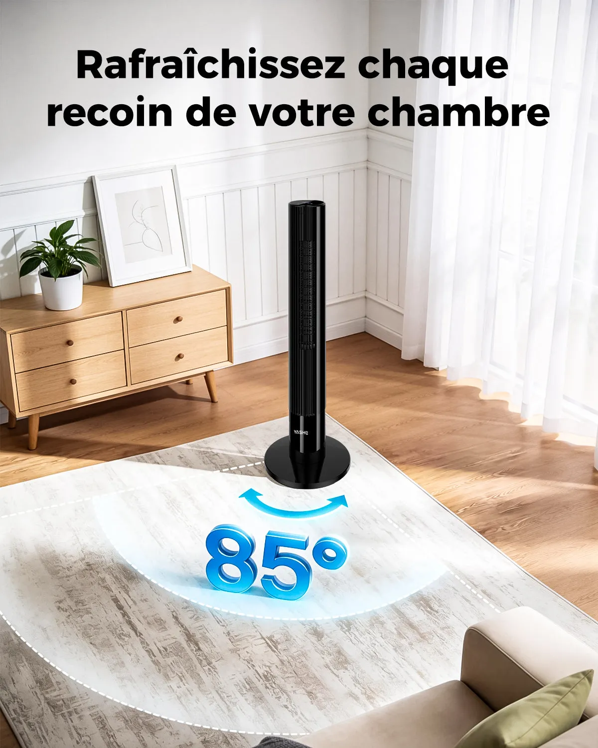 YASHE Ventilateur Tour Silencieux 3 Vitesses Télécommande Nuit